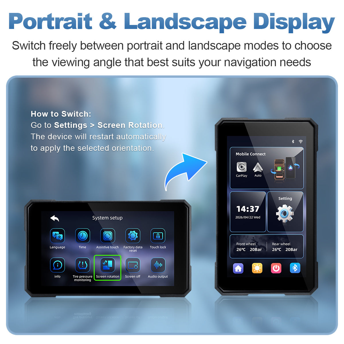 Linkifun™ MT15A 5" Smart Motorcycle Navigation Display – Wireless CarPlay & Android Auto, Portrait/Landscape Rotation, Single Bluetooth, Optional TPMS, Battery & USB Power