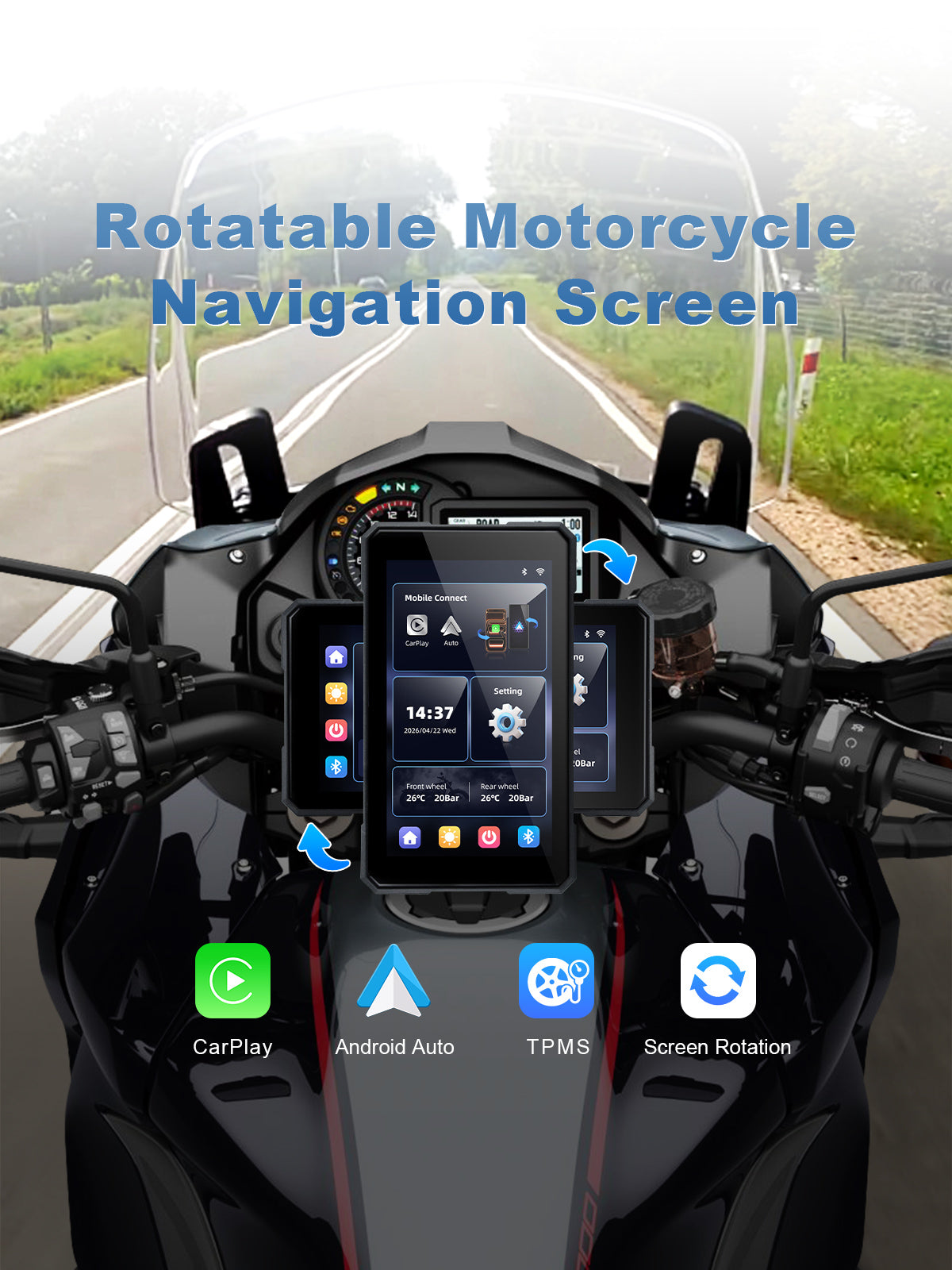 Linkifun MT15A 5-inch motorcycle navigation screen with portrait and landscape rotation, wireless CarPlay, Android Auto, and optional TPMS