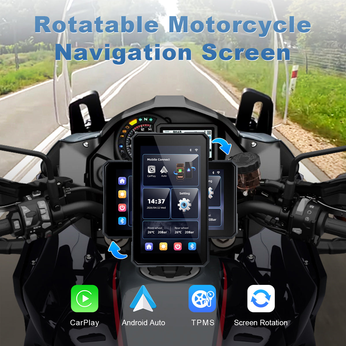 Linkifun™ MT15A 5" Smart Motorcycle Navigation Display – Wireless CarPlay & Android Auto, Portrait/Landscape Rotation, Single Bluetooth, Optional TPMS, Battery & USB Power