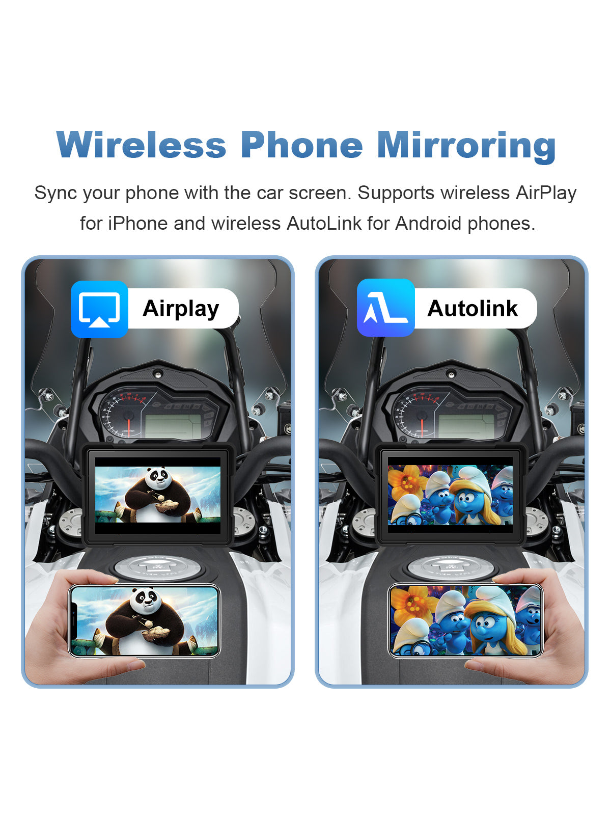 Linkifun MT16C 5 inch motorcycle navigation screen with wireless phone mirroring, AirPlay, AutoLink, navigation apps, and media display
