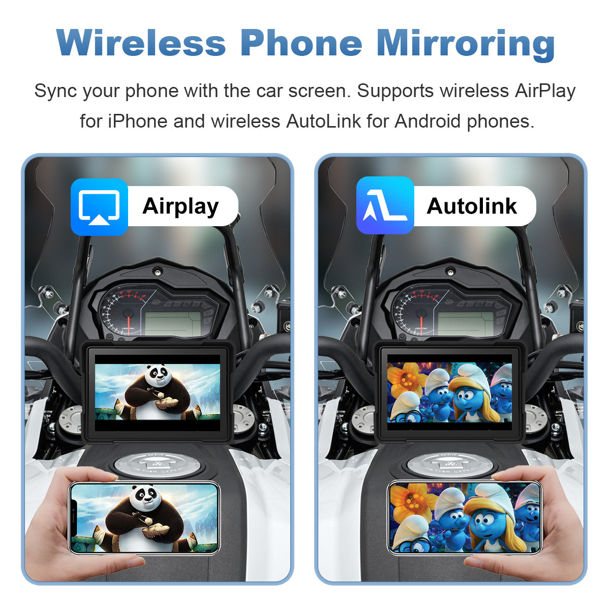 Linkifun™ MT4 7インチバイクナビゲーションスクリーン、ワイヤレスCarPlay、Android Auto、スクリーンミラーリング（オプションDVR＆TPMS）