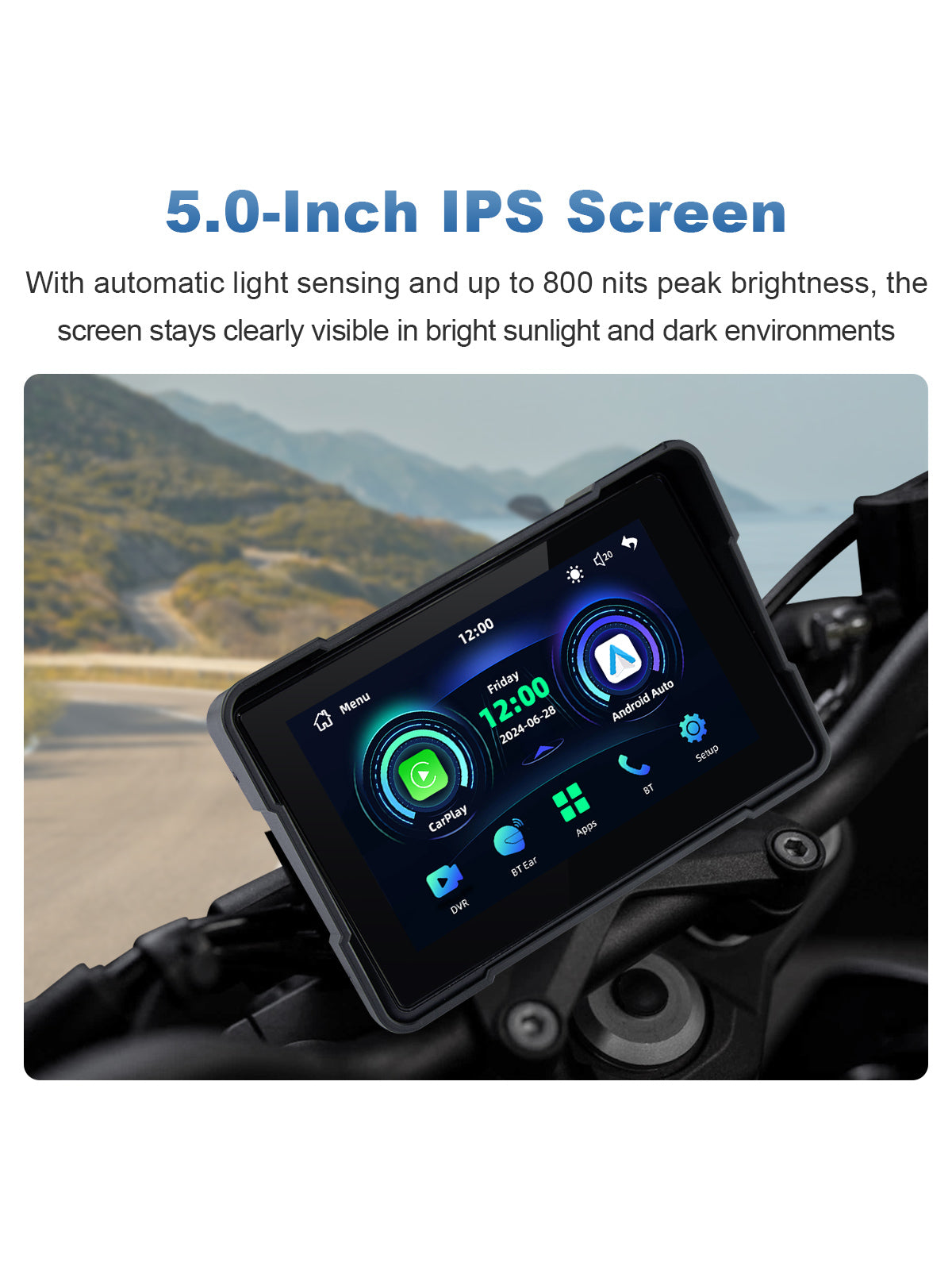 Linkifun MT16C 5 inch motorcycle navigation screen with IPS display, smart light sensing, 800 nit brightness, and clear outdoor visibility
