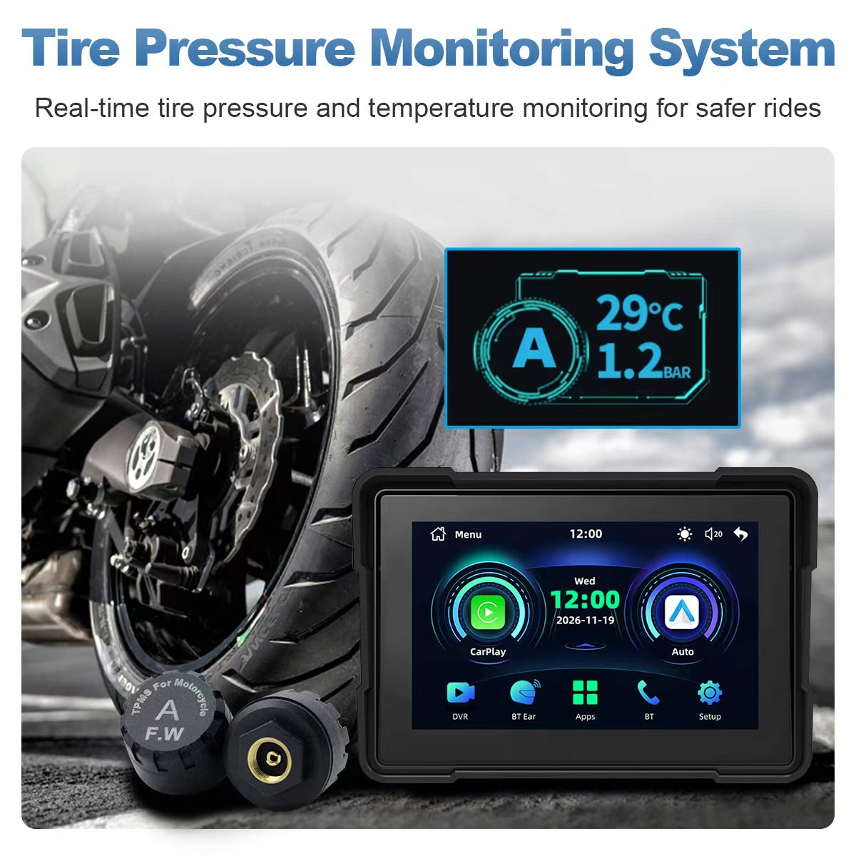 Linkifun MT16C 5 inch motorcycle navigation screen with TPMS tire pressure and temperature monitoring sensors for safer motorcycle rides
