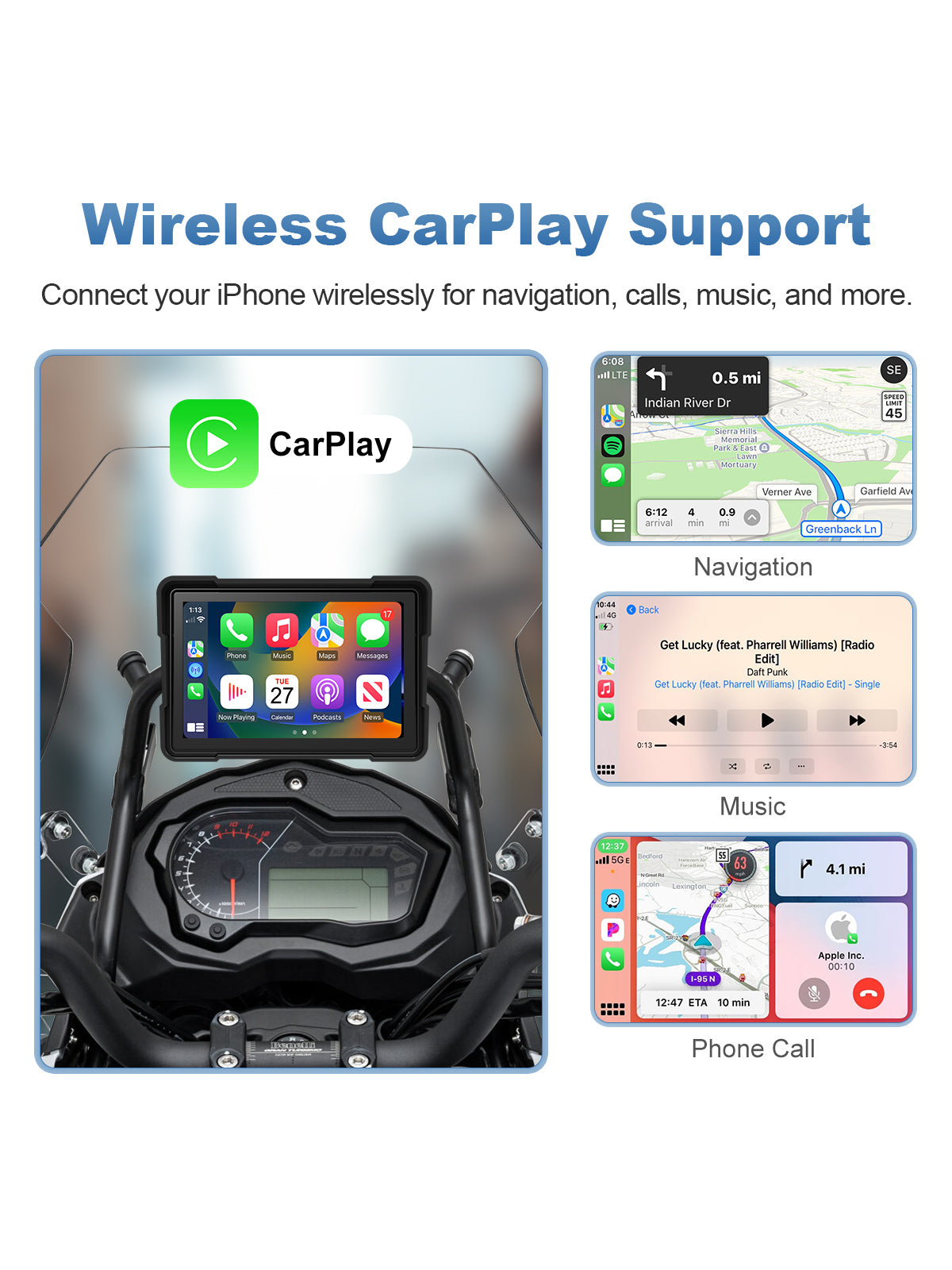 Linkifun MT16C 5 inch motorcycle navigation screen with wireless Apple CarPlay, Apple Maps, music, calls, messages, and Siri voice control
