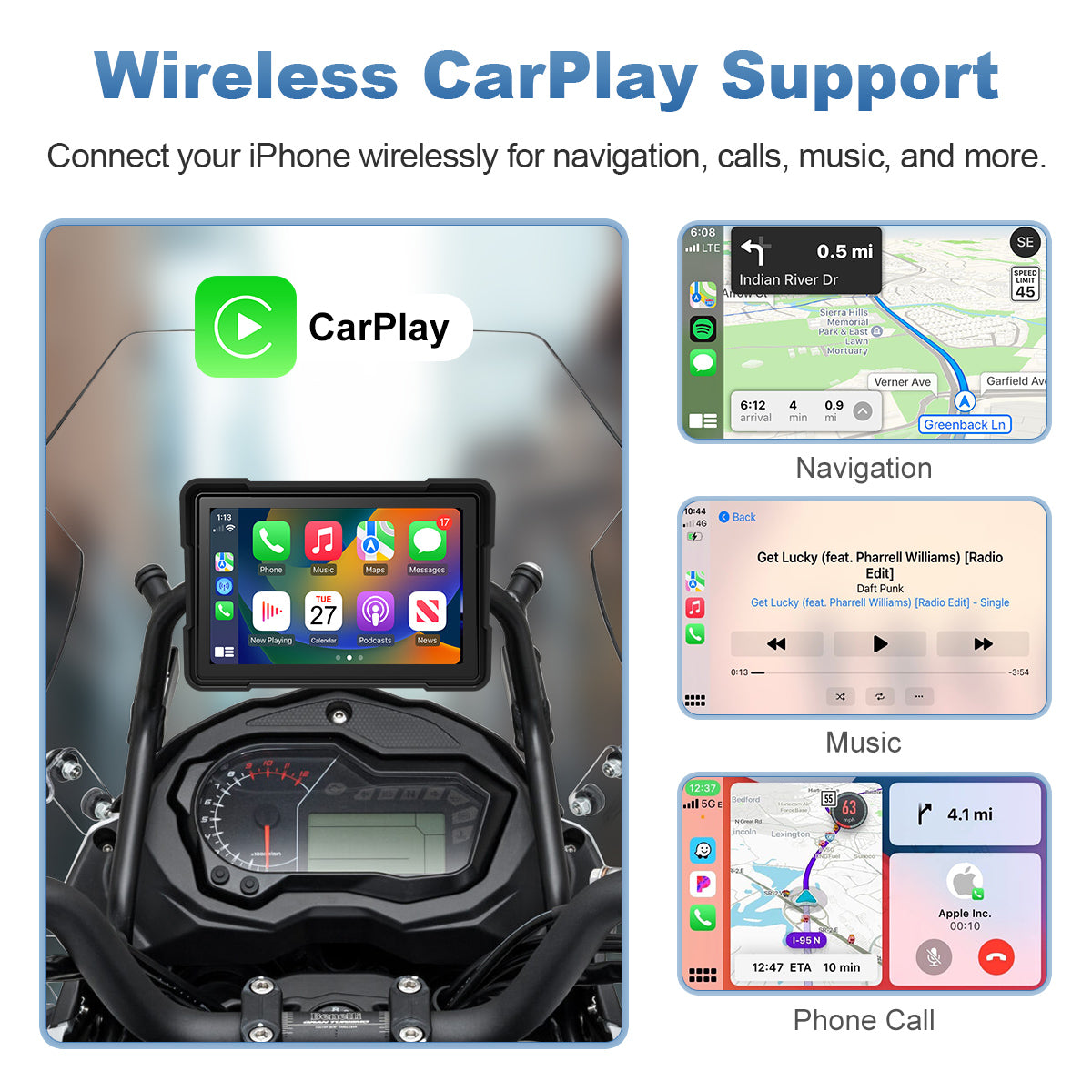 Linkifun™ MT4 7インチバイクナビゲーションスクリーン、ワイヤレスCarPlay、Android Auto、スクリーンミラーリング（オプションDVR＆TPMS）