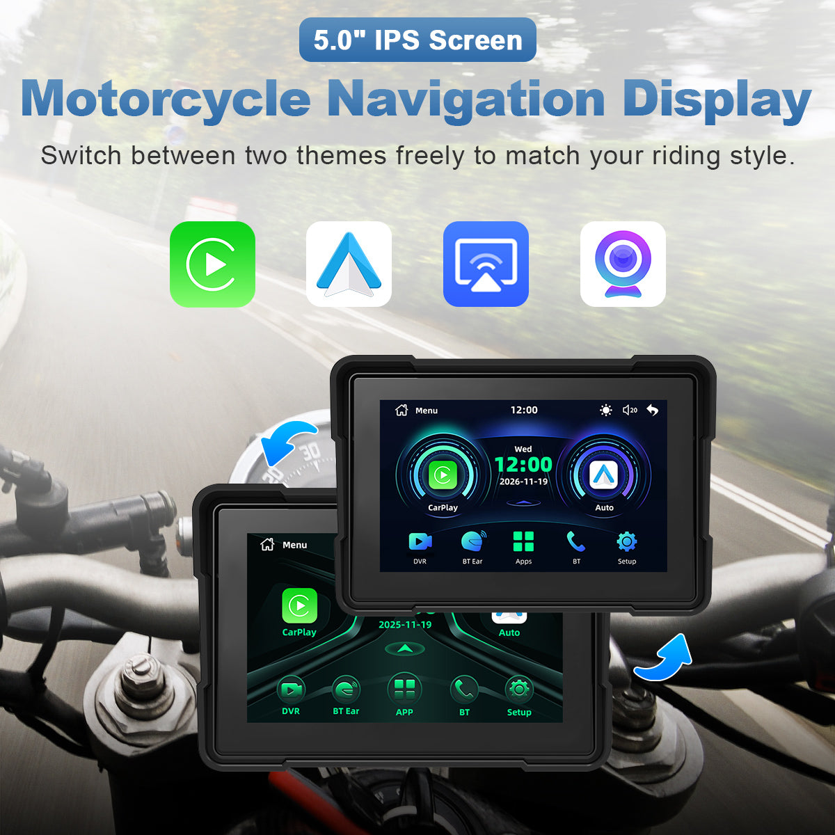Linkifun™ MT4 7インチバイクナビゲーションスクリーン、ワイヤレスCarPlay、Android Auto、スクリーンミラーリング（オプションDVR＆TPMS）