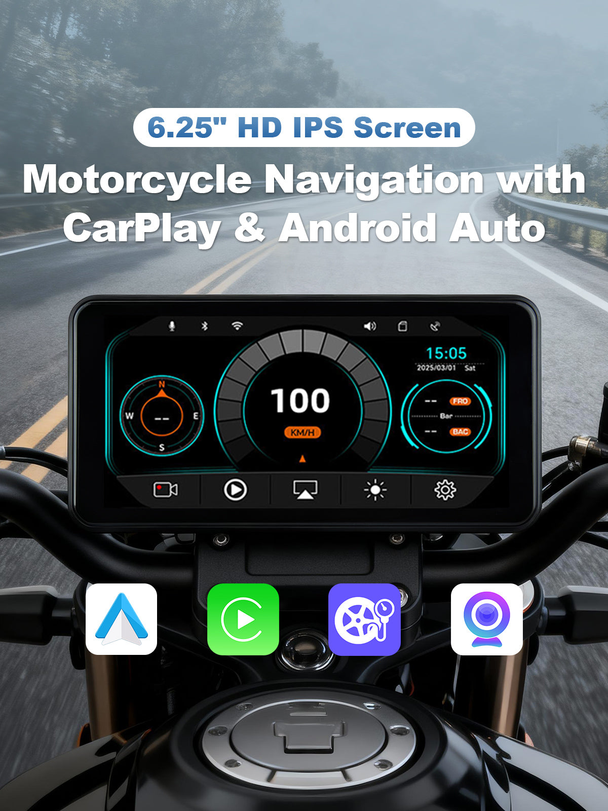 Linkifun MT17A motorcycle dash cam with 6.25-inch HD IPS screen supporting CarPlay, cameras, and TPMS