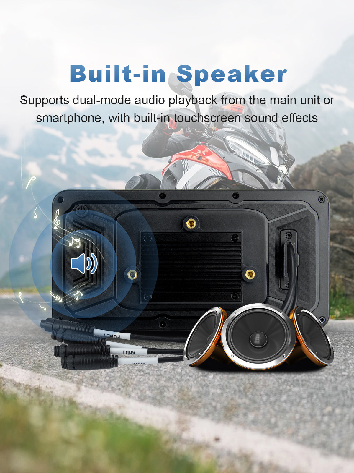 Built-in speaker audio output for motorcycle dash cam with navigation prompts and system sounds