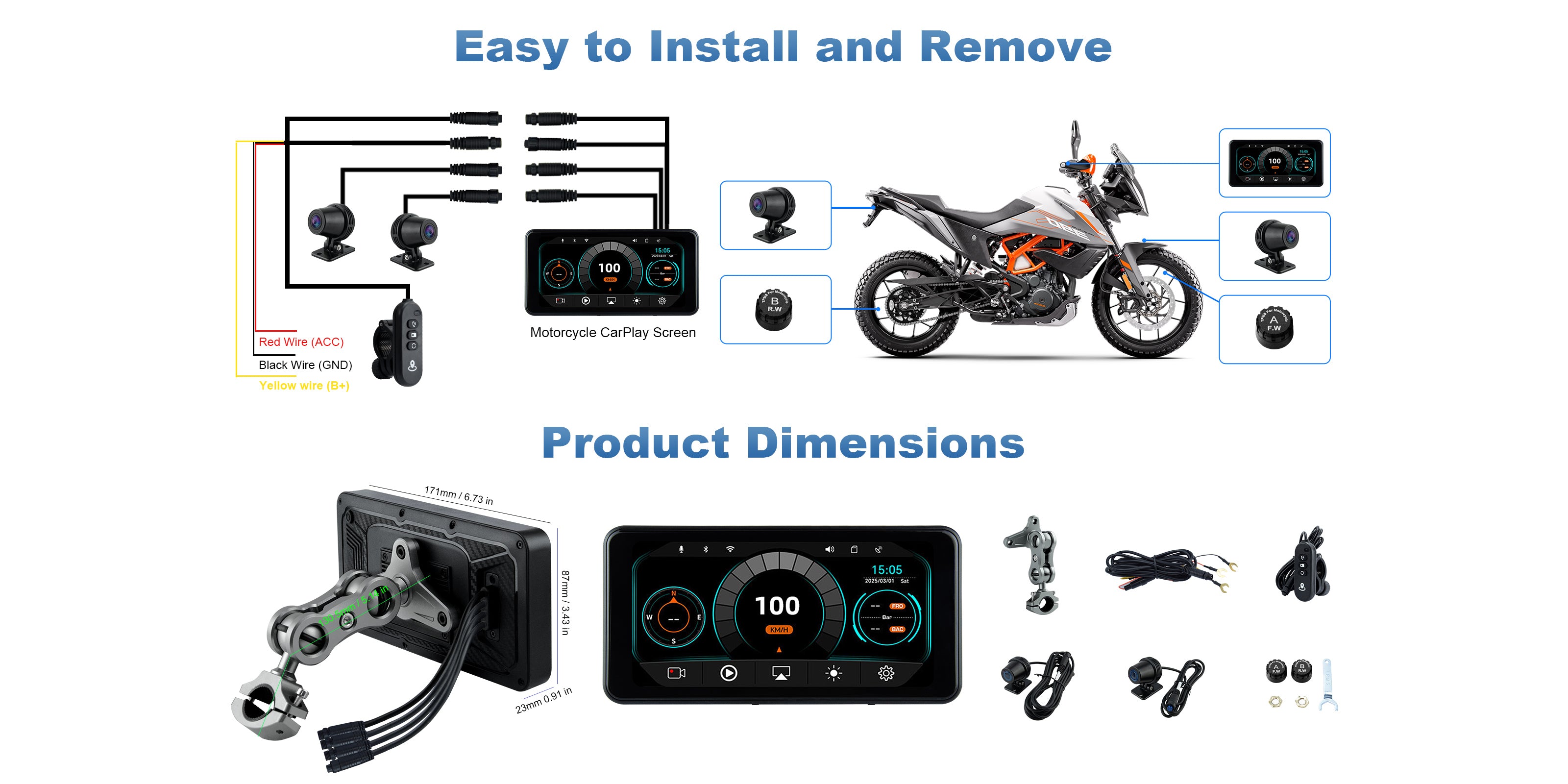 MT17A motorcycle dash cam dimension diagram showing screen size and mounting measurements for installation reference