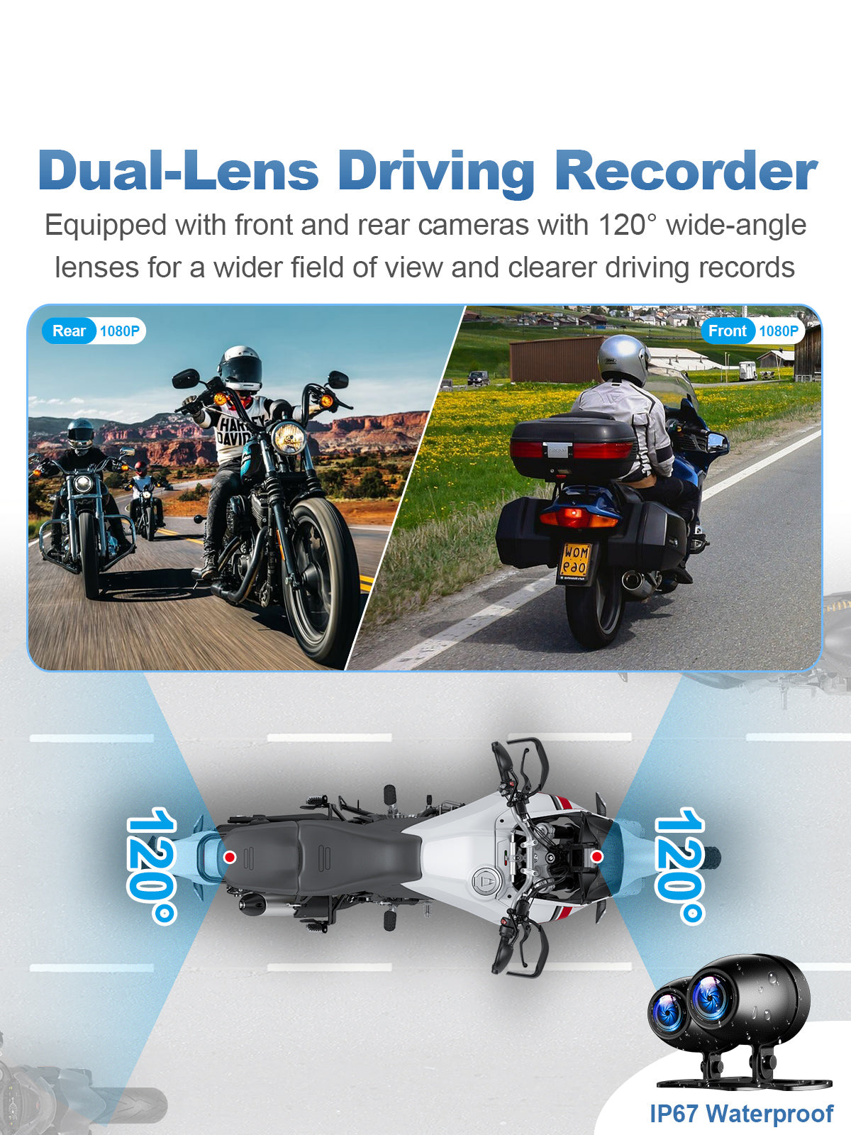 Dual front and rear camera driving recorder for motorcycle dash cam