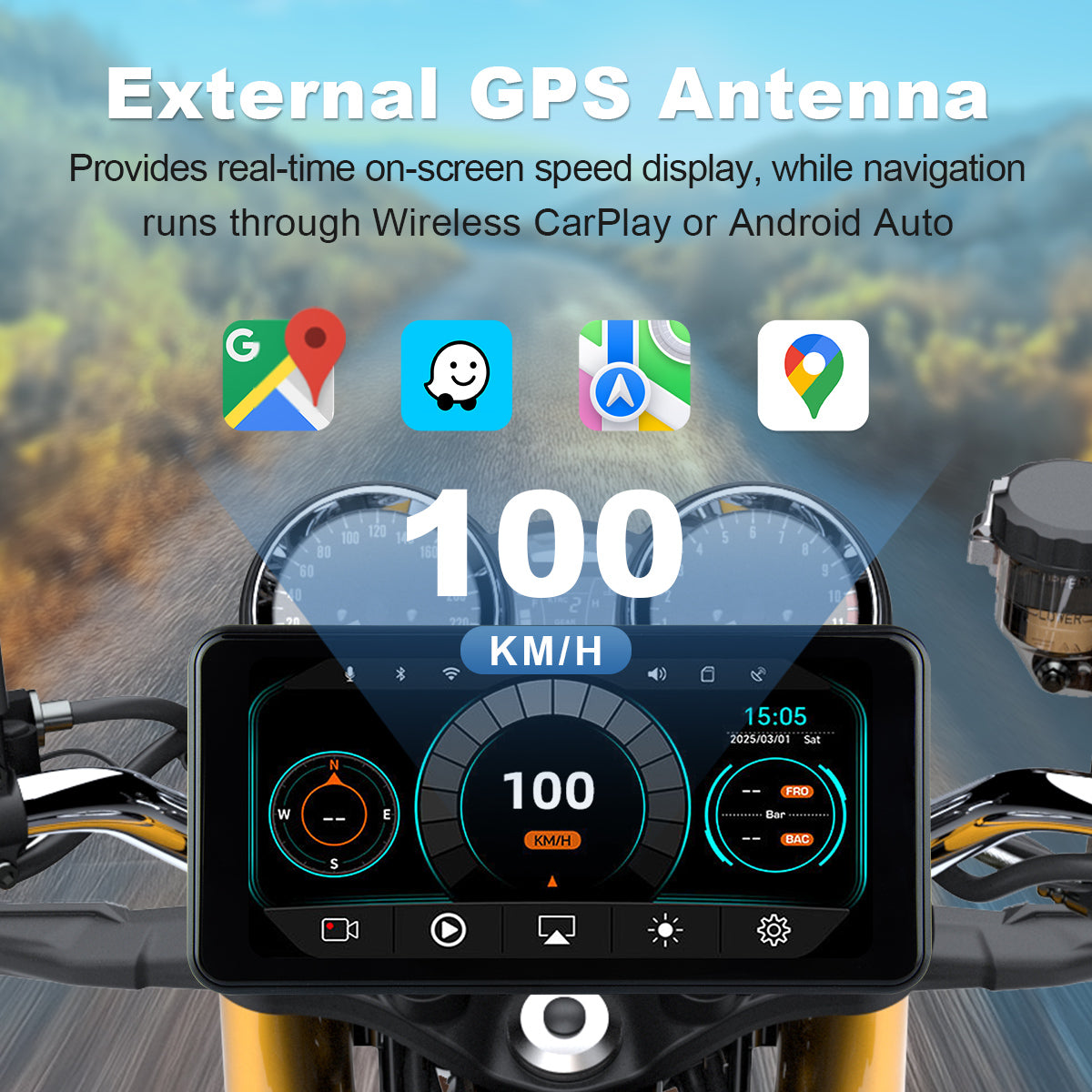 Linkifun™ MT17A 6.25" Motorcycle Dash Cam with Wireless CarPlay & Android Auto, External GPS Antenna, DVR & TPMS