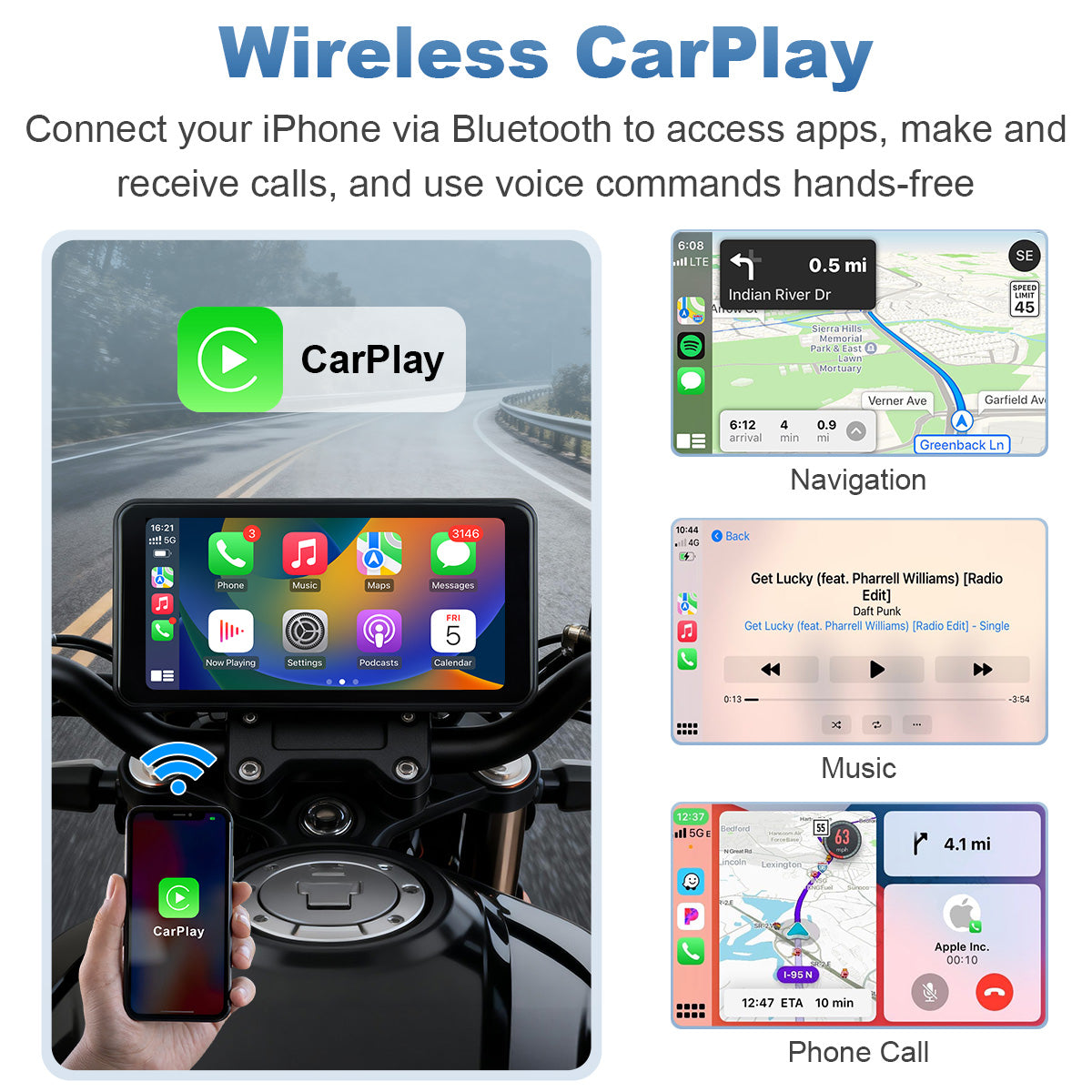 Linkifun™ MT17A 6.25" Motorcycle Dash Cam with Wireless CarPlay & Android Auto, Built-in GPS, DVR & TPMS
