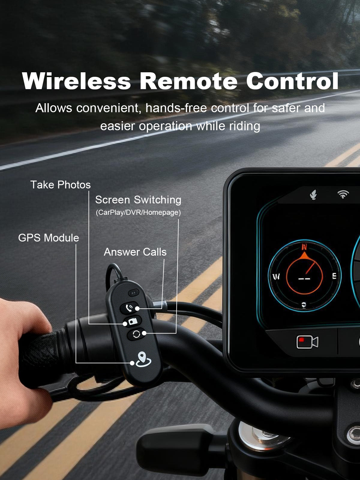 Wireless handlebar remote control for motorcycle dash cam to take photos, switch screens, and answer calls