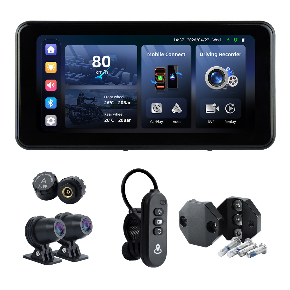 Linkifun™ MT17B 6.25" Motorrad-Dashcam-Display – BSD, kabelloses CarPlay und Android Auto, DVR, TPMS, geteilter Bildschirm, integrierter Lautsprecher und optionale Montagehalterungen