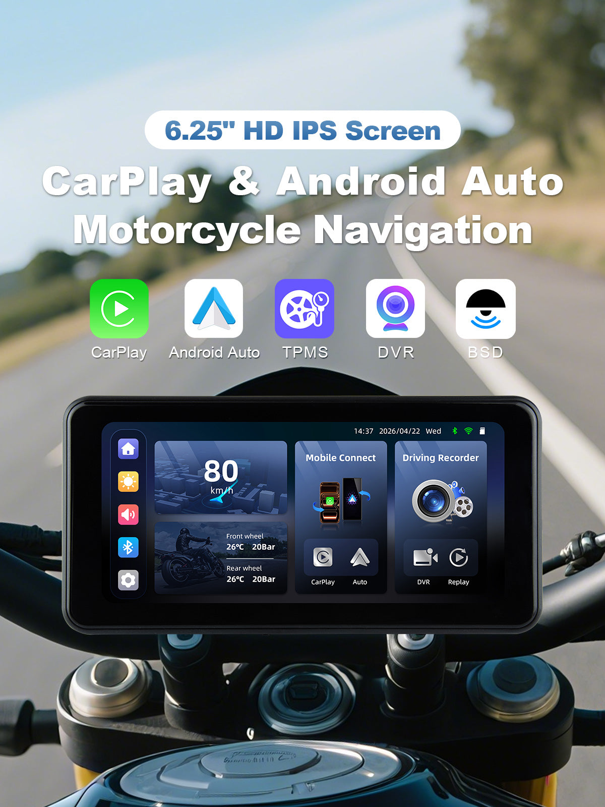 Linkifun MT17B motorcycle navigation screen and dash cam with BSD, DVR recording, and TPMS monitoring system