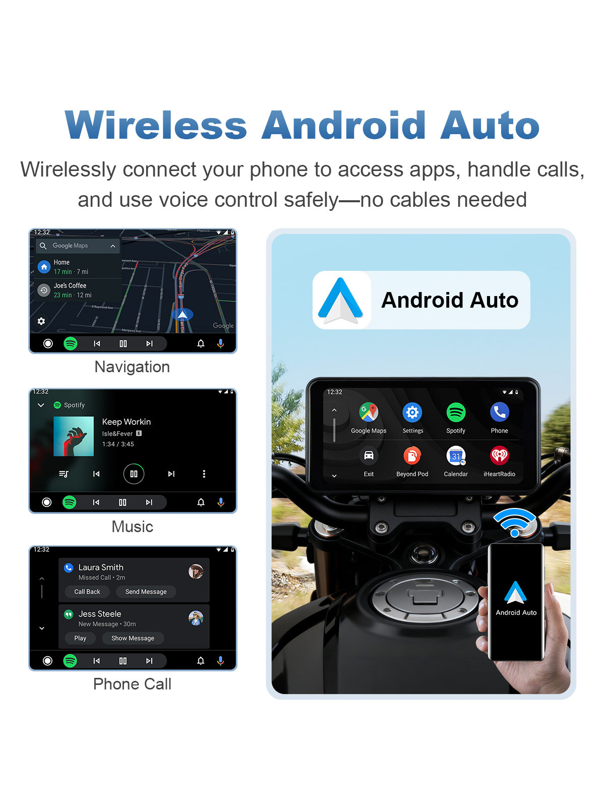 Linkifun MT17B motorcycle navigation screen with wireless Android Auto interface display