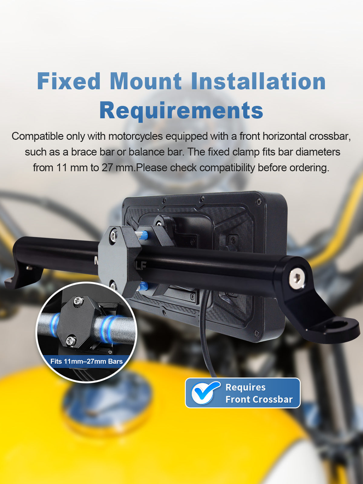 Linkifun MT17C motorcycle navigation screen with a secure fixed bracket designed for 11–27 mm front horizontal crossbars.