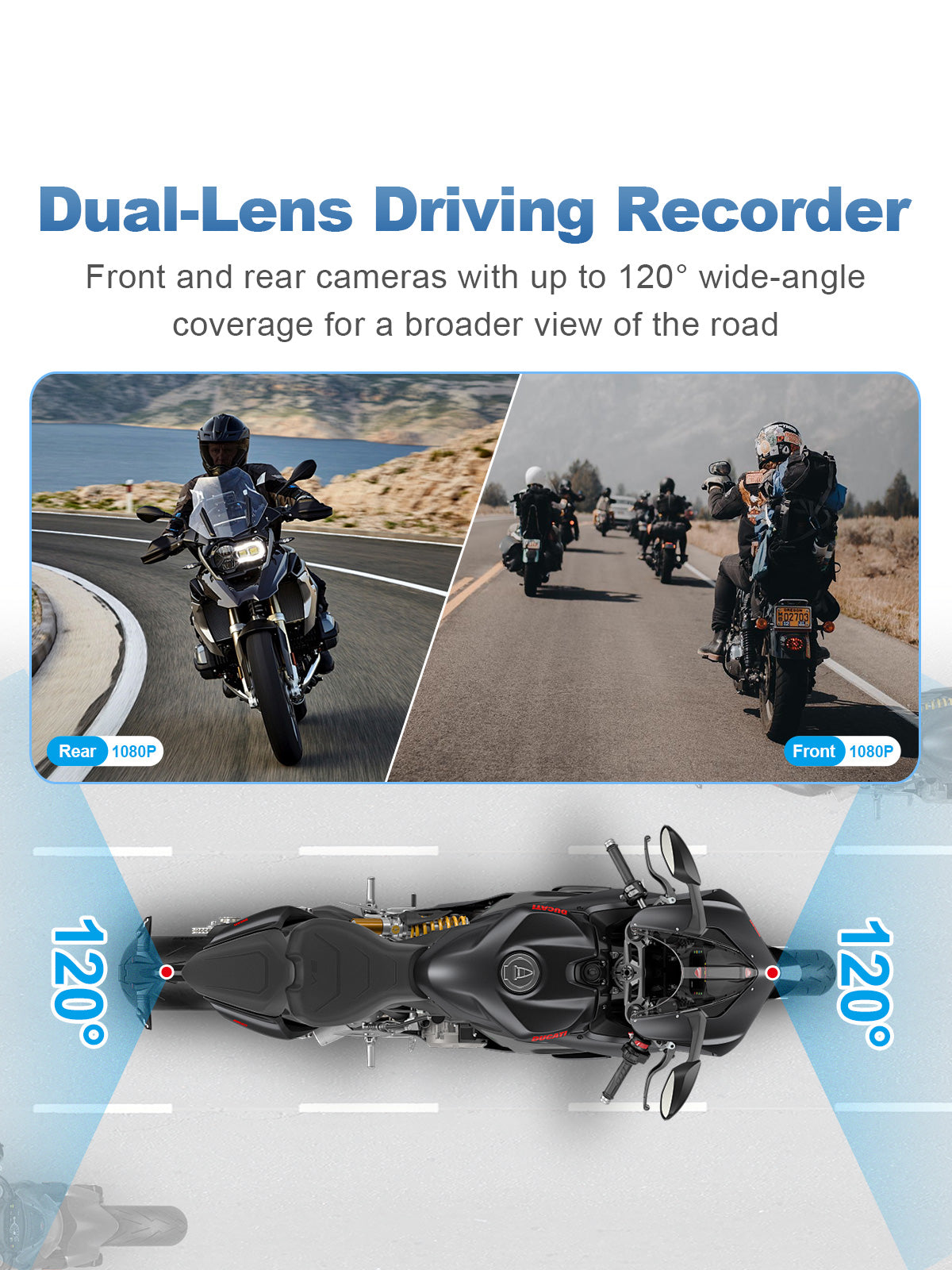 Linkifun MT17C 6.25-inch motorcycle display with front and rear dual cameras supporting simultaneous 120-degree wide-angle recording