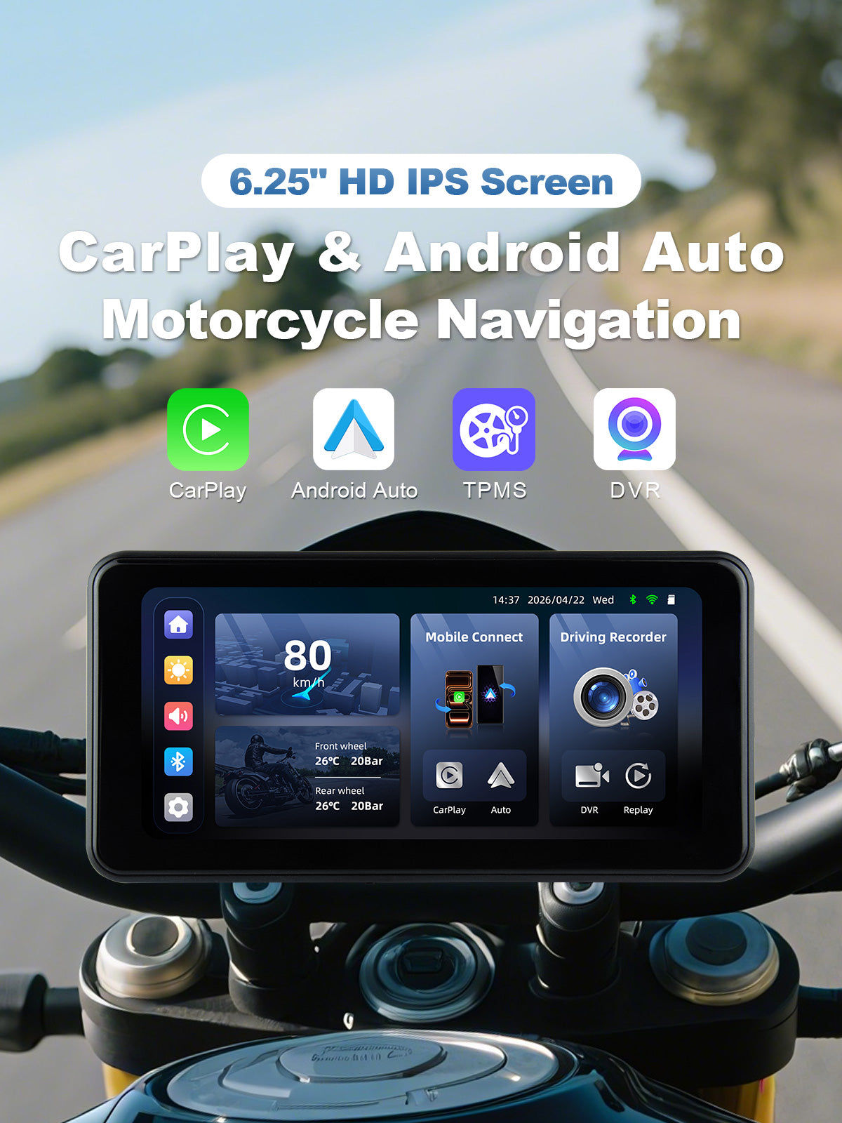 Linkifun MT17C 6.25-inch motorcycle display with wireless CarPlay, Android Auto, BSD, dual DVR cameras, and TPMS