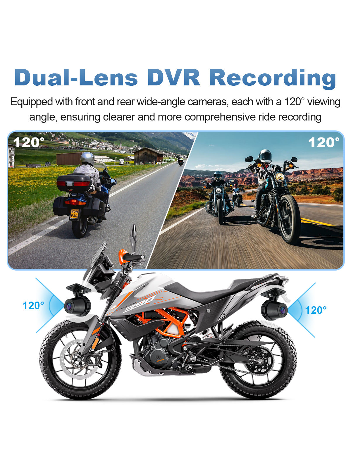 Linkifun MT18 7 inch motorcycle display with dual 1080P DVR front and rear cameras, 120 degree wide angle recording