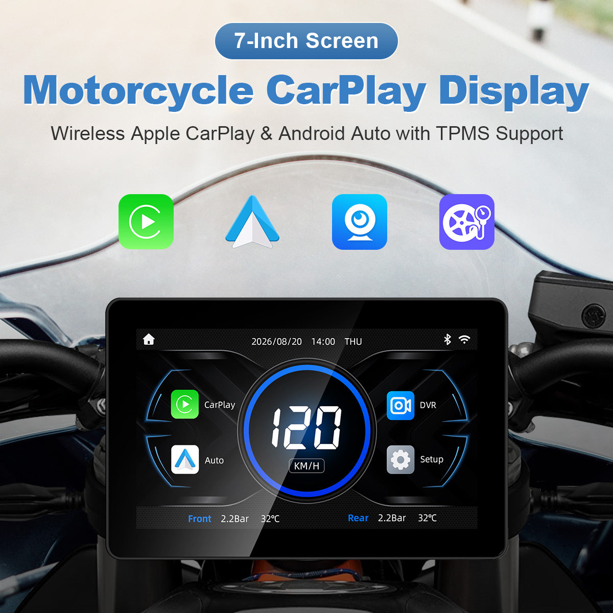 Pantalla para motocicleta Linkifun™ MT18 + soporte de 7" – CarPlay y Android Auto inalámbricos, DVR de doble lente, GPS, TPMS y pantalla dividida