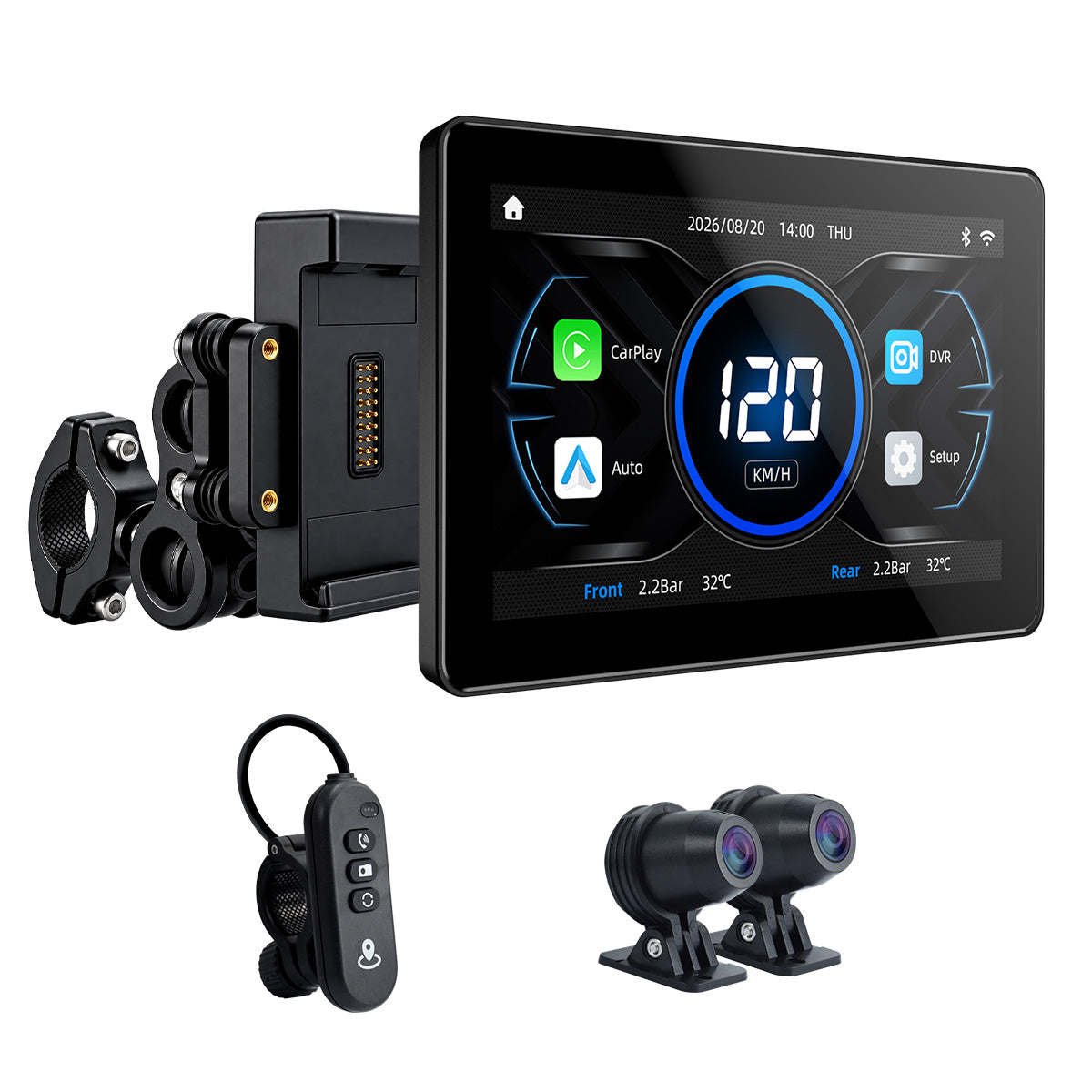 Pantalla para motocicleta Linkifun™ MT18 + soporte de 7" – CarPlay y Android Auto inalámbricos, DVR de doble lente, GPS, TPMS y pantalla dividida