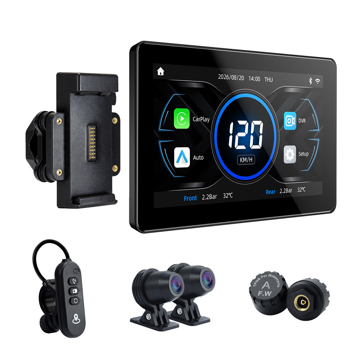 Pantalla para motocicleta Linkifun™ MT18 + soporte de 7" – CarPlay y Android Auto inalámbricos, DVR de doble lente, GPS, TPMS y pantalla dividida