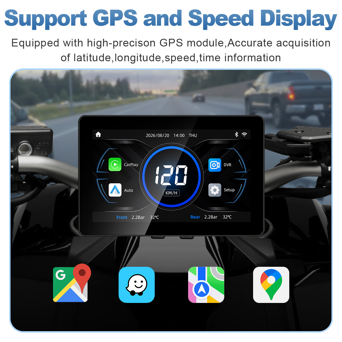 Pantalla para motocicleta Linkifun™ MT18 + soporte de 7" – CarPlay y Android Auto inalámbricos, DVR de doble lente, GPS, TPMS y pantalla dividida