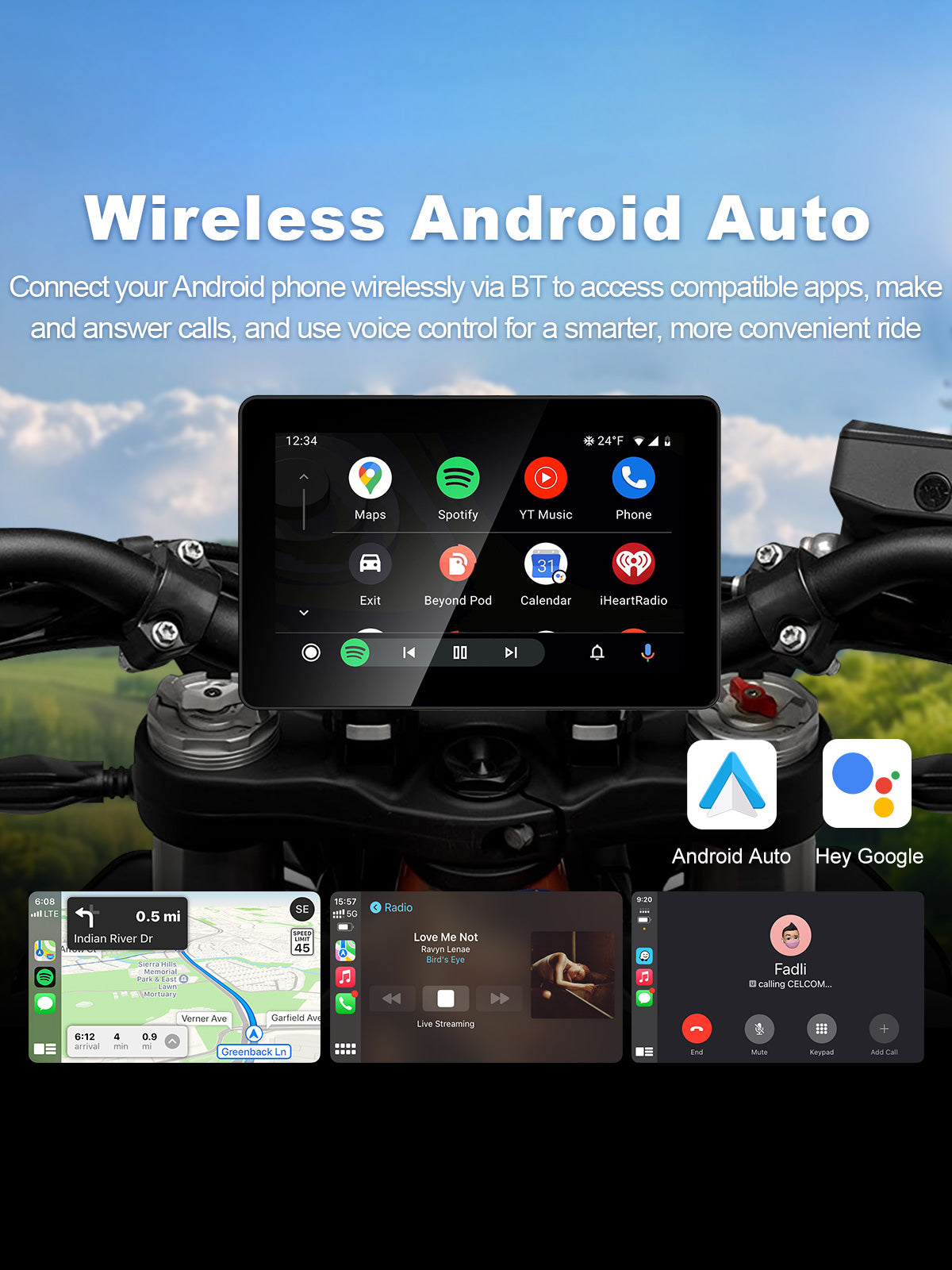 Linkifun MT18 motorcycle display with wireless Android Auto support for Google Maps, music, calls and voice control