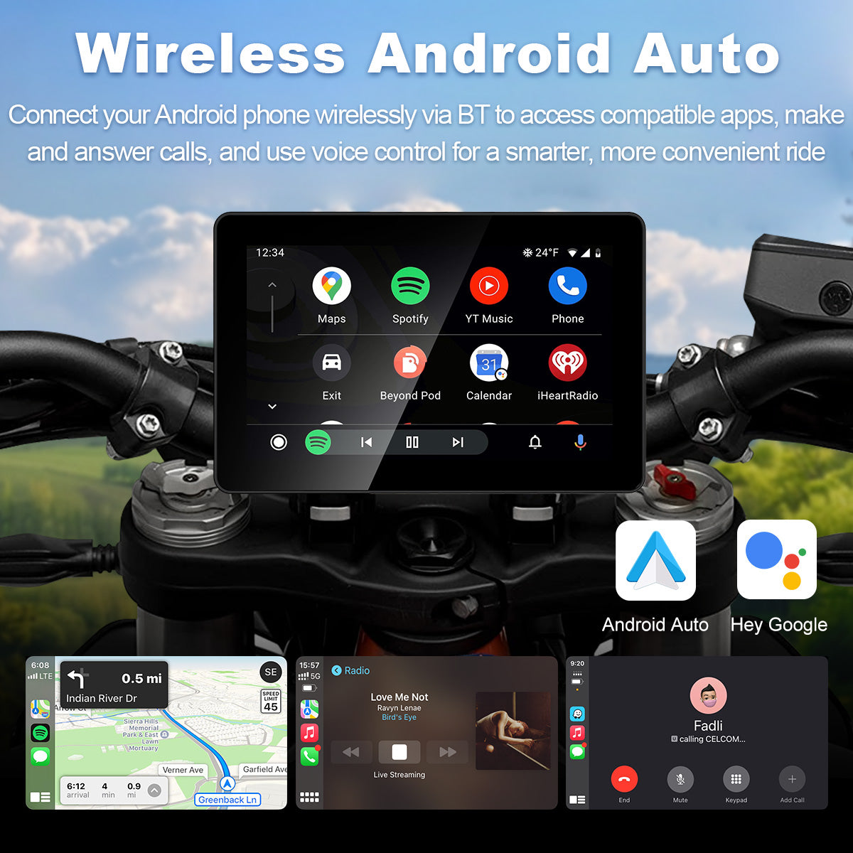Pantalla para motocicleta Linkifun™ MT18 + soporte de 7" – CarPlay y Android Auto inalámbricos, DVR de doble lente, GPS, TPMS y pantalla dividida