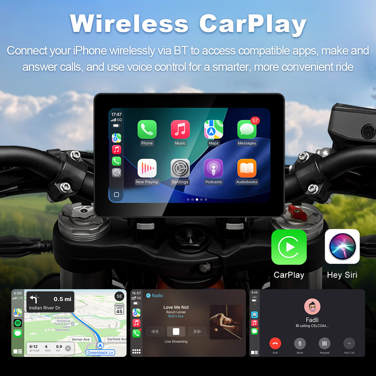 Pantalla para motocicleta Linkifun™ MT18 + soporte de 7" – CarPlay y Android Auto inalámbricos, DVR de doble lente, GPS, TPMS y pantalla dividida