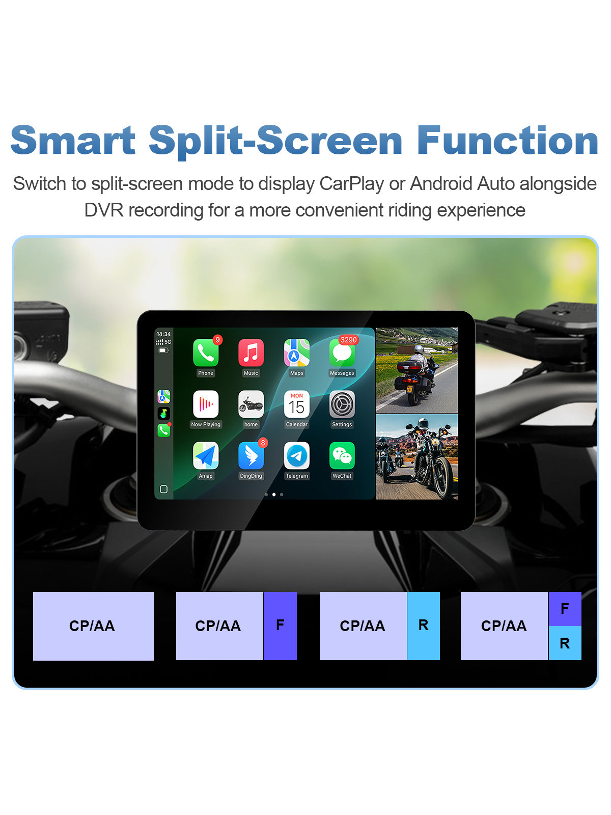 Linkifun MT18 motorcycle display with split-screen mode showing navigation and DVR camera footage simultaneously
