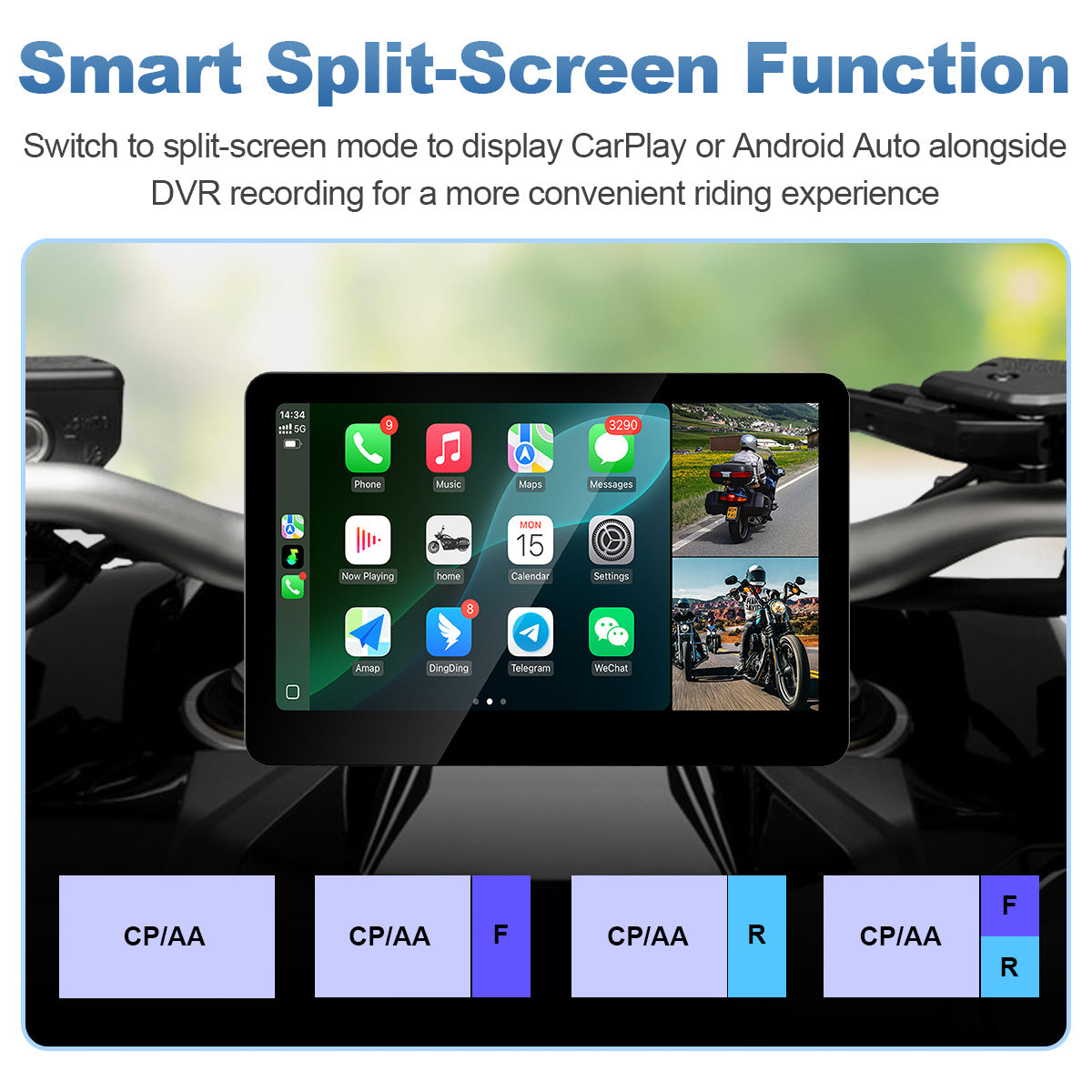 Pantalla para motocicleta Linkifun™ MT18 + soporte de 7" – CarPlay y Android Auto inalámbricos, DVR de doble lente, GPS, TPMS y pantalla dividida