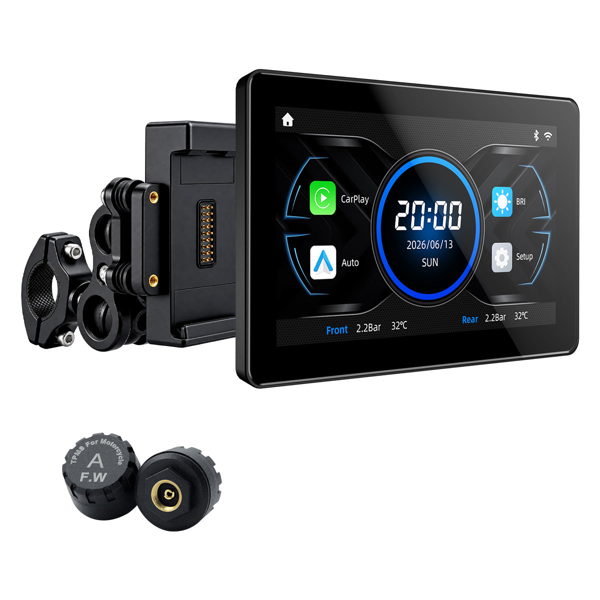 Pantalla para motocicleta Linkifun™ MT18 + soporte de 7" – CarPlay y Android Auto inalámbricos, DVR de doble lente, GPS, TPMS y pantalla dividida