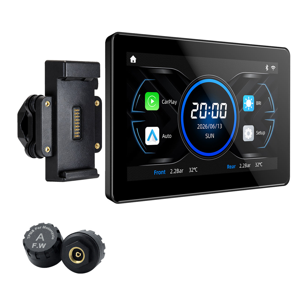 Pantalla para motocicleta Linkifun™ MT18 + soporte de 7" – CarPlay y Android Auto inalámbricos, DVR de doble lente, GPS, TPMS y pantalla dividida