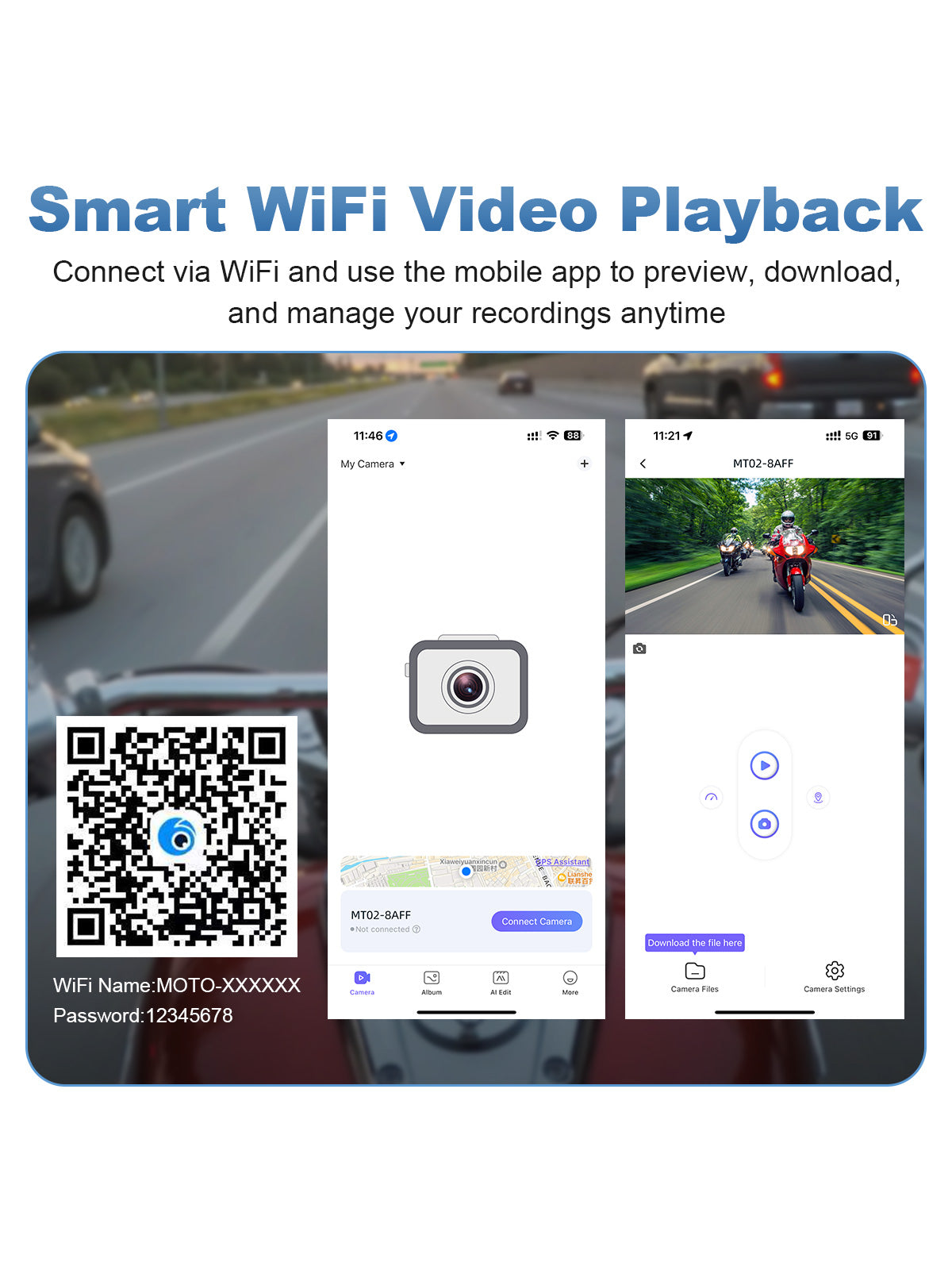 Linkifun MT18 motorcycle display with WiFi DVR video access, mobile app control and front rear camera playback