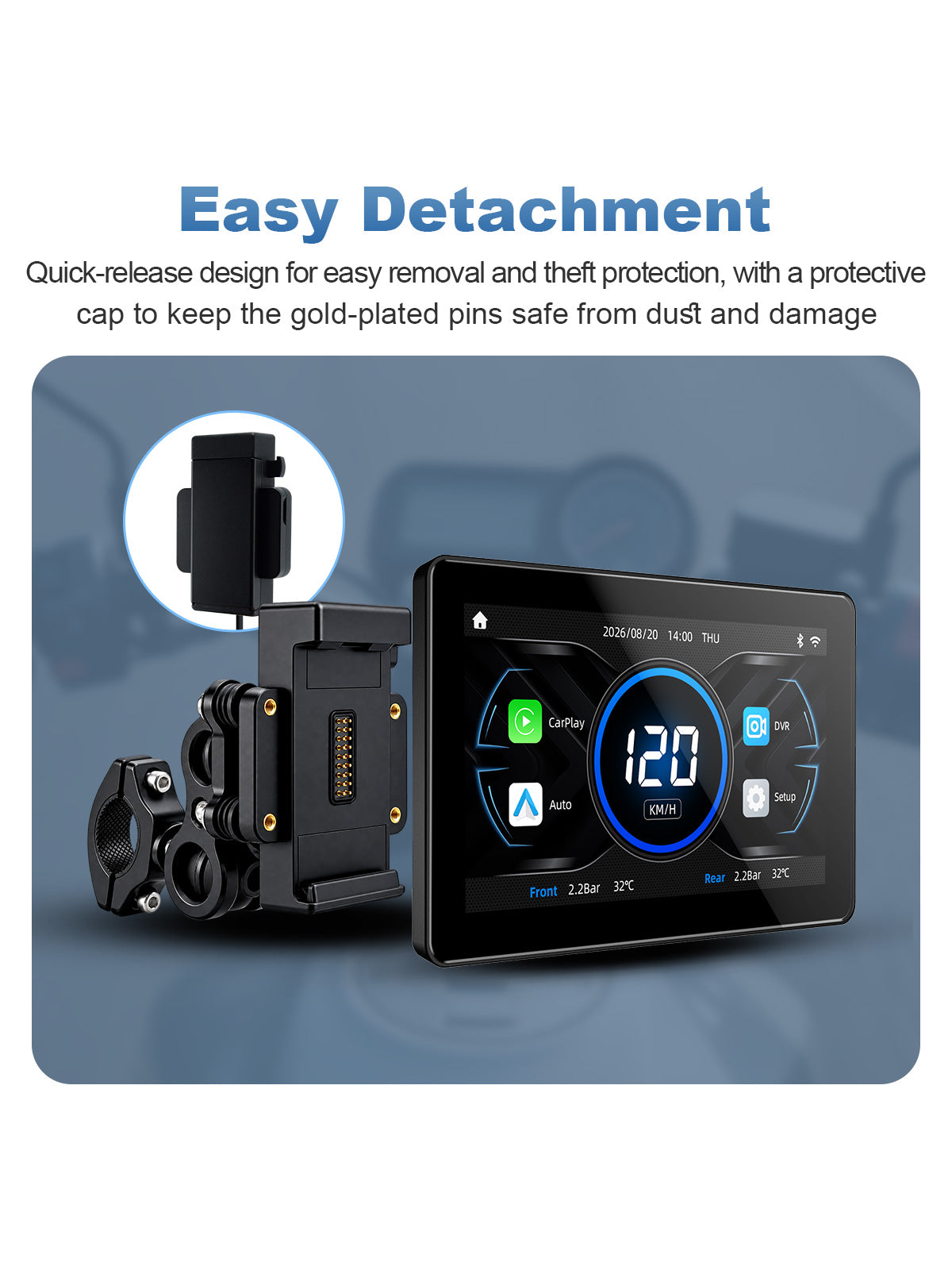 Linkifun MT18 motorcycle display with quick-release bracket for easy screen removal and theft protection