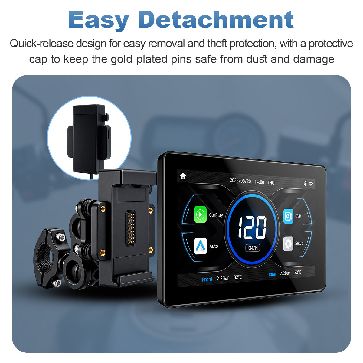 Pantalla para motocicleta Linkifun™ MT18 + soporte de 7" – CarPlay y Android Auto inalámbricos, DVR de doble lente, GPS, TPMS y pantalla dividida