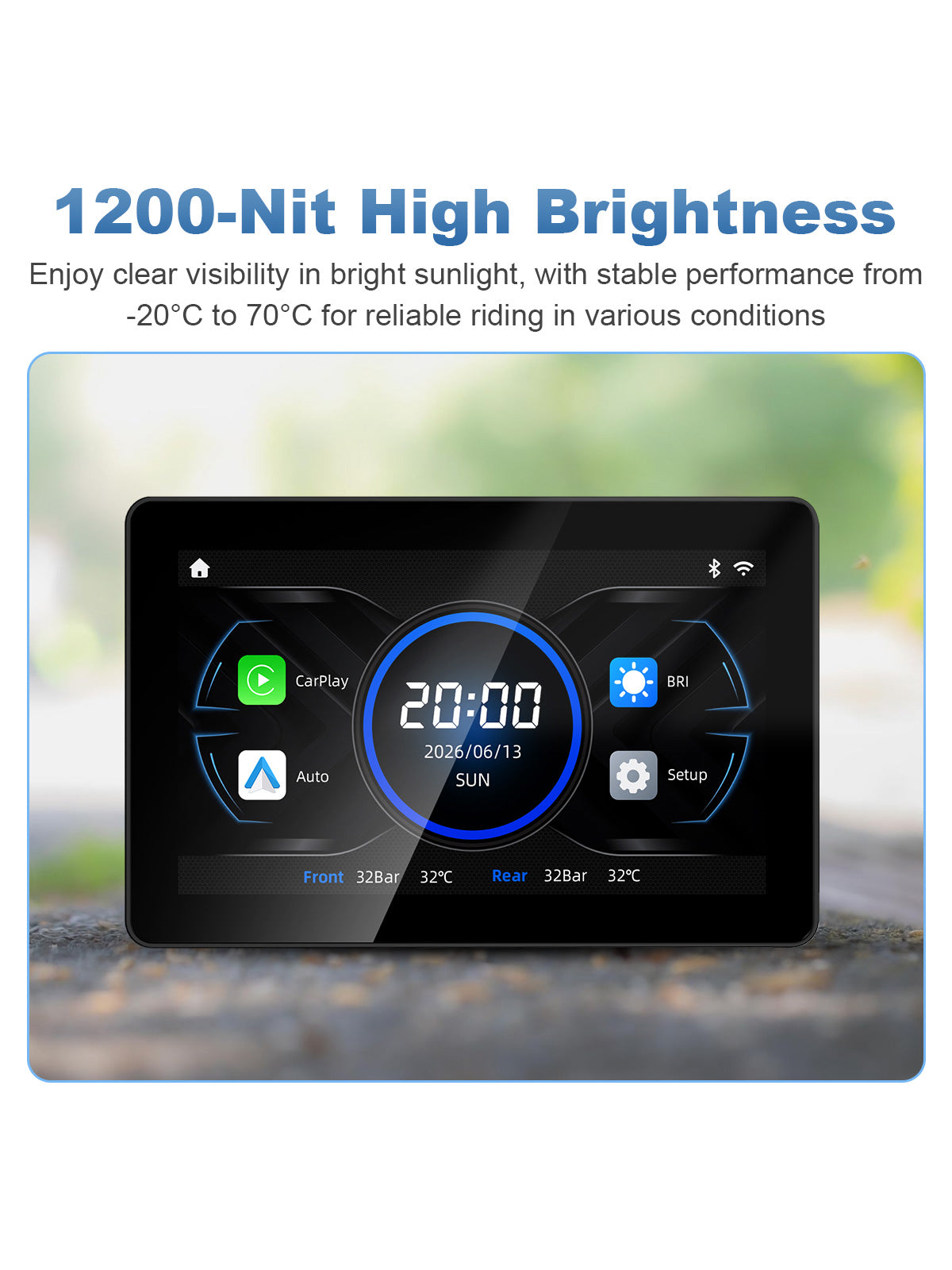 Linkifun MT18A 7-inch BMW motorcycle display with 1200-nit high brightness for clear outdoor visibility and -20°C to 70°C operating performance.