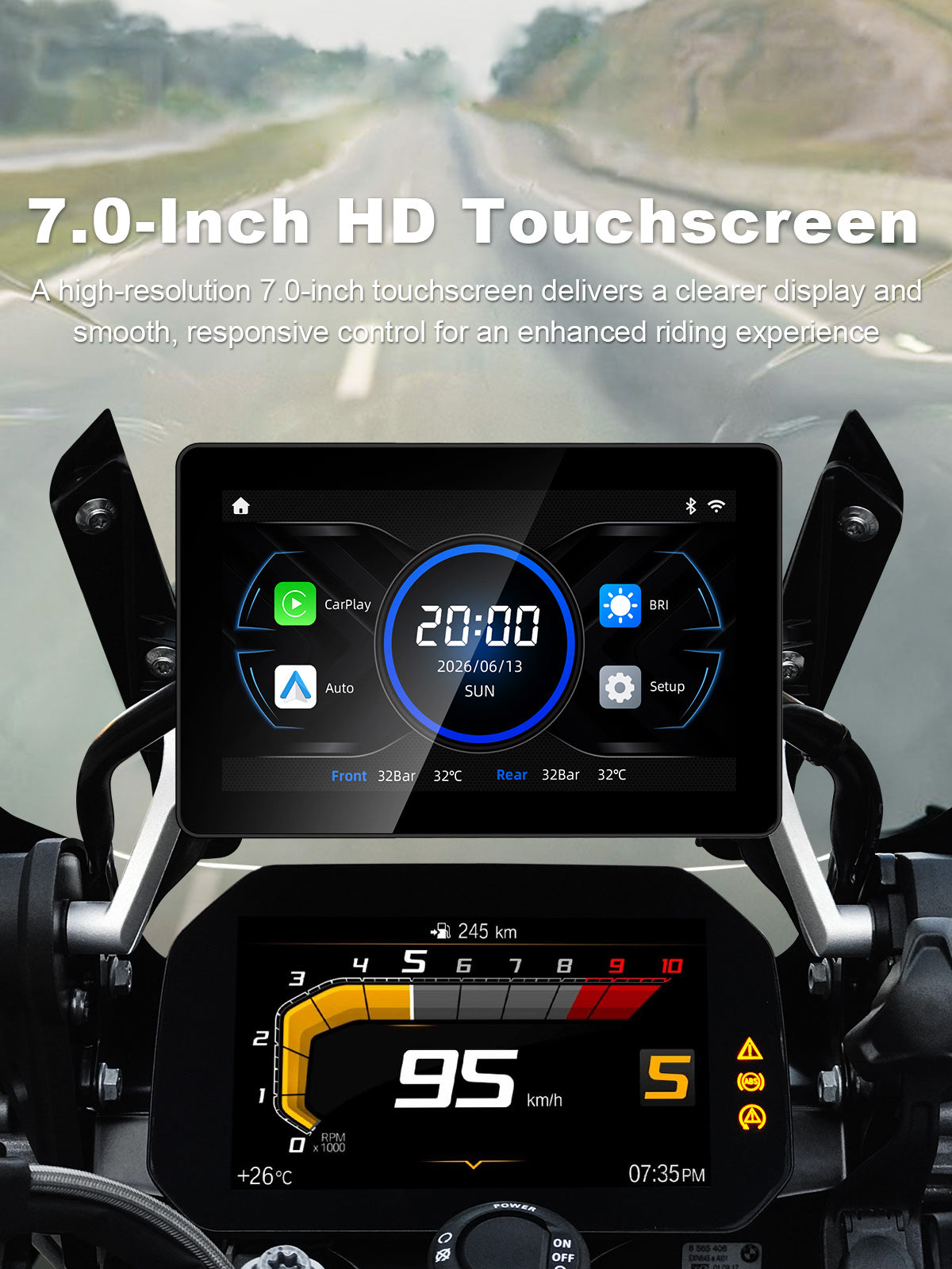 Linkifun MT18A 7-inch BMW motorcycle display with high-resolution HD touchscreen for clear viewing and responsive touch control.