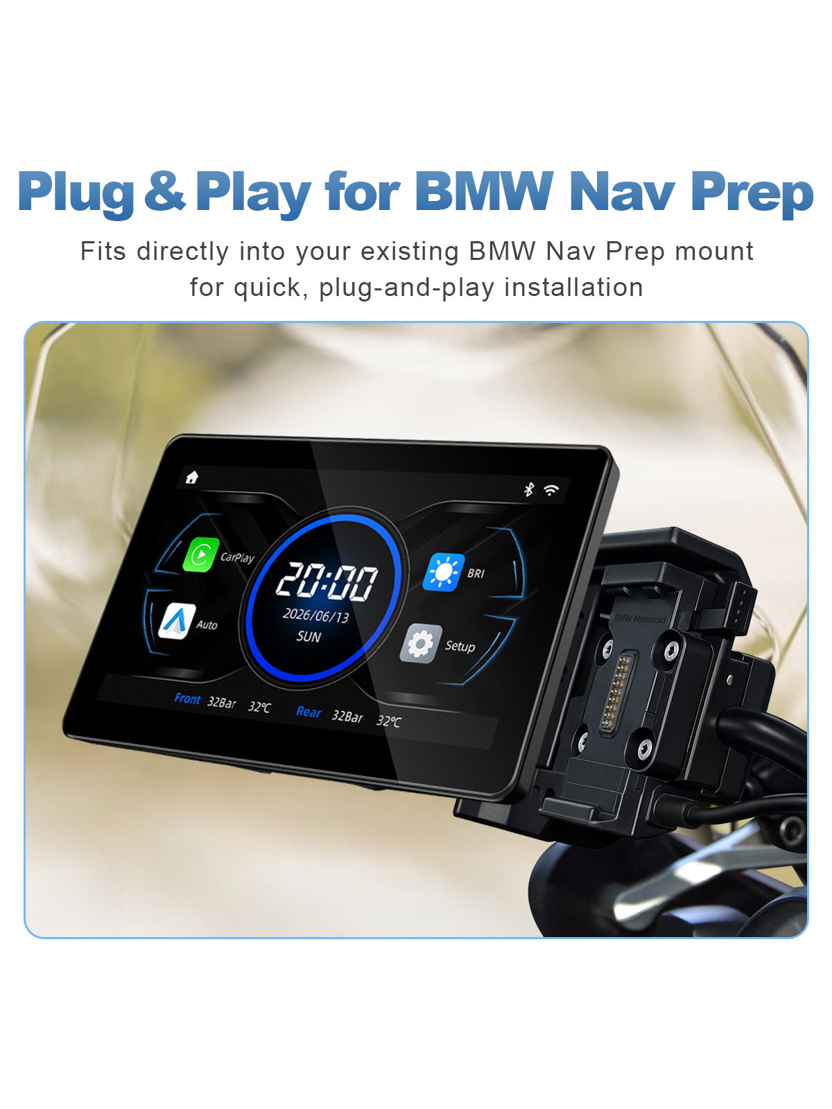 Linkifun MT18A 7-inch BMW motorcycle display with plug-and-play fitment for the original BMW Nav Prep mount.