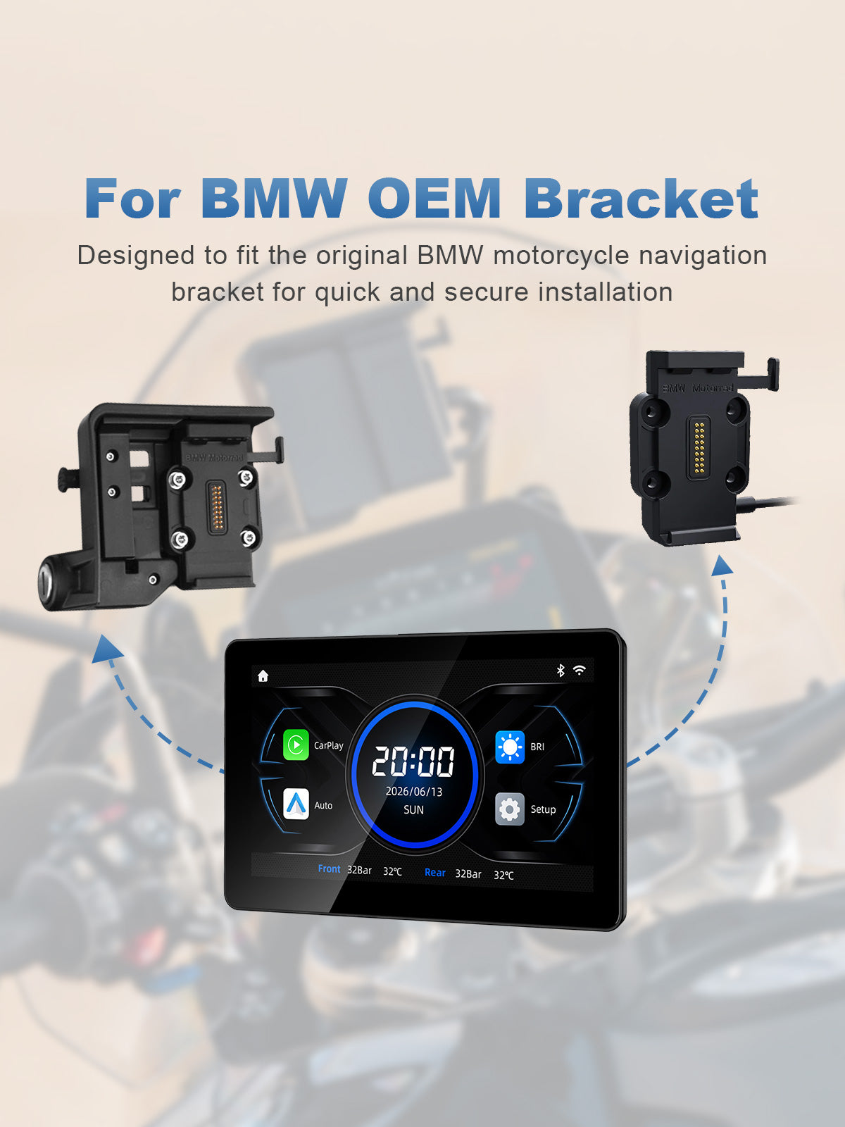 Linkifun MT18A 7-inch BMW motorcycle display compatible with the original BMW OEM navigation bracket for quick and secure installation.