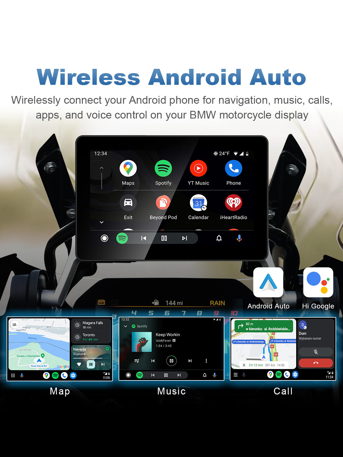 Linkifun MT18A 7-inch BMW motorcycle display with Wireless Android Auto for navigation, music, calls, apps and Google Assistant voice control.