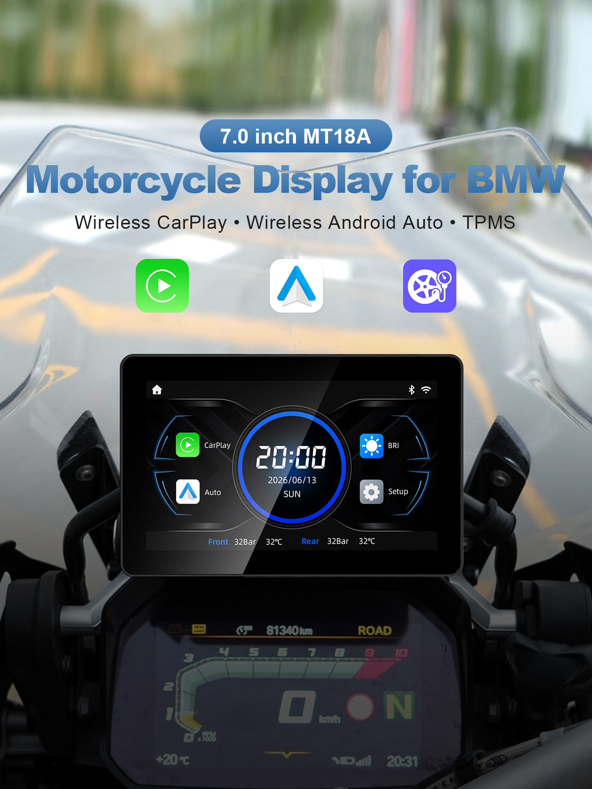 Linkifun MT18A 7-inch BMW motorcycle display with Wireless CarPlay, Wireless Android Auto and TPMS tire pressure monitoring.