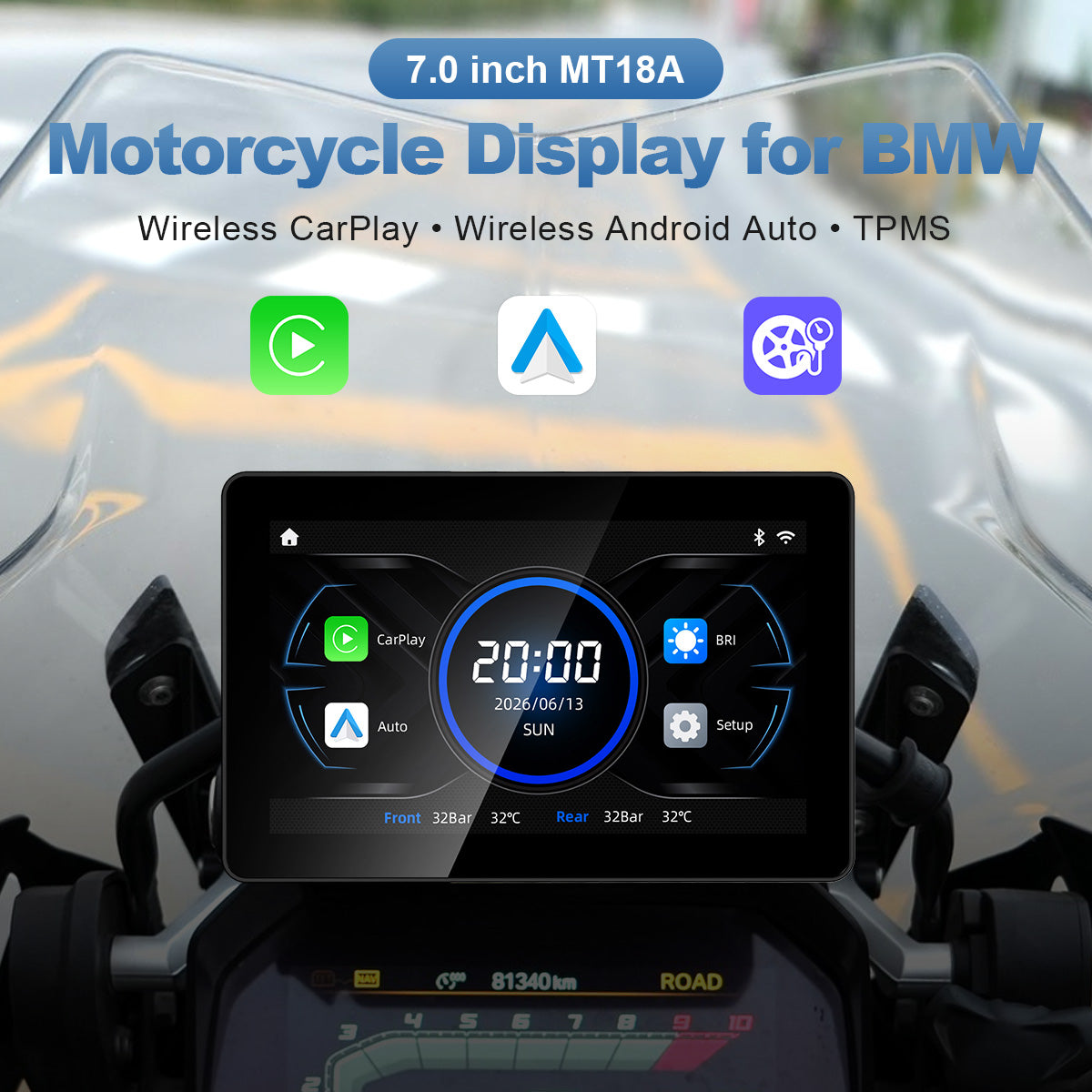 Display per moto Linkifun MT18A da 7,0" per BMW, CarPlay e Android Auto wireless, TPMS, predisposizione alla navigazione OEM