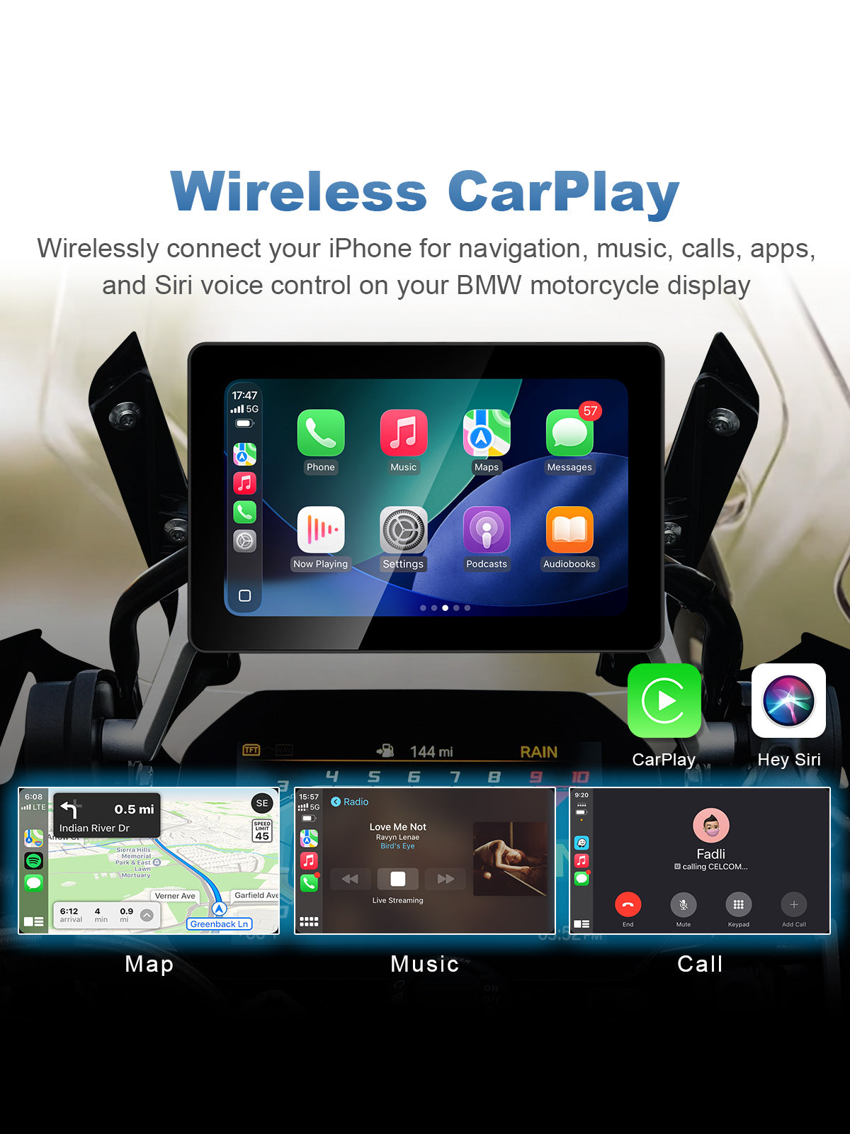 Linkifun MT18A 7-inch BMW motorcycle display with Wireless CarPlay for iPhone navigation, music, calls, apps and Siri voice control.