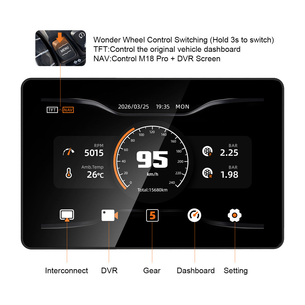 Écran de moto Linkifun MT18A Pro avec DVR 7,0" pour BMW, CarPlay et Android Auto sans fil, molette Wonder Wheel, double DVR 1080P