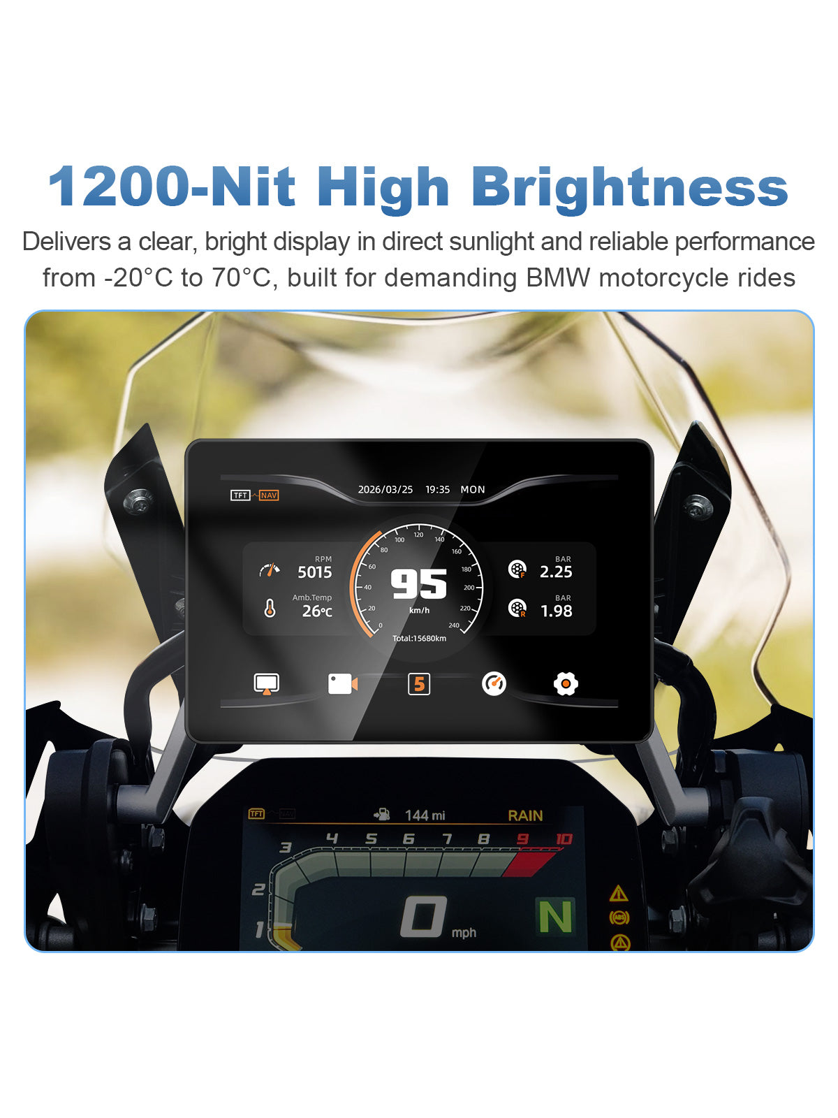 Linkifun MT18A Pro DVR 7-inch BMW motorcycle display with 1200-nit high brightness for clear daylight visibility and -20°C to 70°C operating performance.