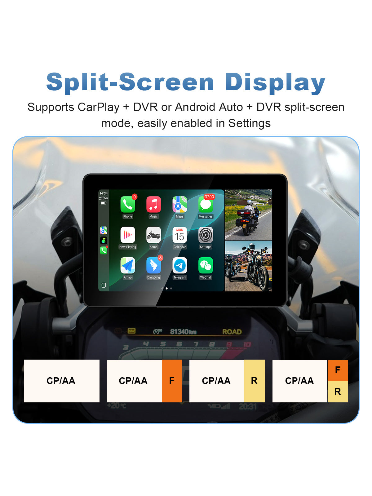 Linkifun MT18A Pro DVR 7-inch BMW motorcycle display with CarPlay, Android Auto and DVR split-screen for navigation and real-time camera viewing.