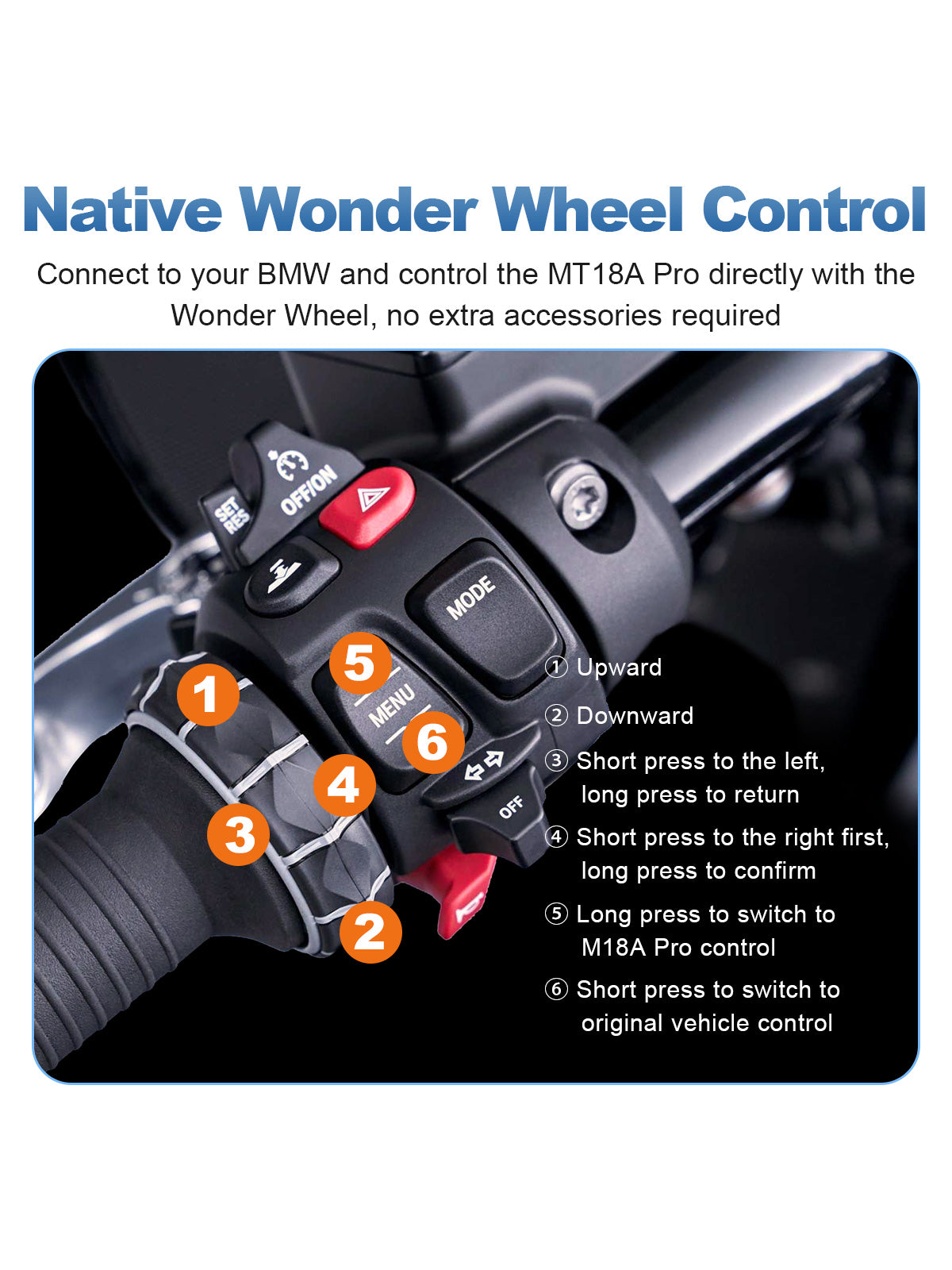 Linkifun MT18A Pro DVR 7-inch BMW motorcycle display with native Wonder Wheel control for scrolling, selection, confirmation and original vehicle function switching.